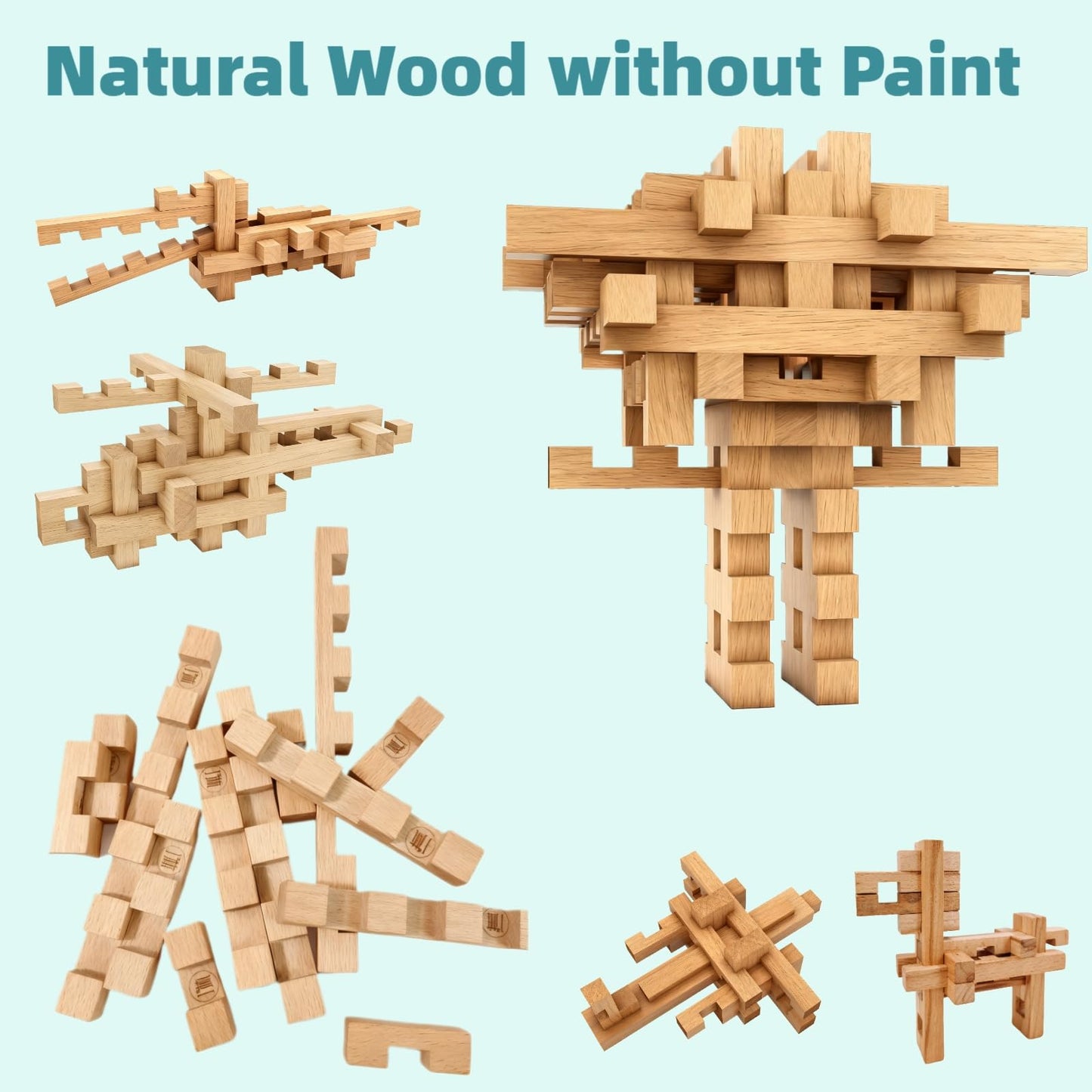 GLCforever 15 in 1 Educational Wooden Building Blocks - Mortise and Tenon Assembled into 15+ Various Shapes, STEM Toys Gift for Kids and Classroom, DIY Building Toys for Ages 5+ Teens Adults - 42 Pcs