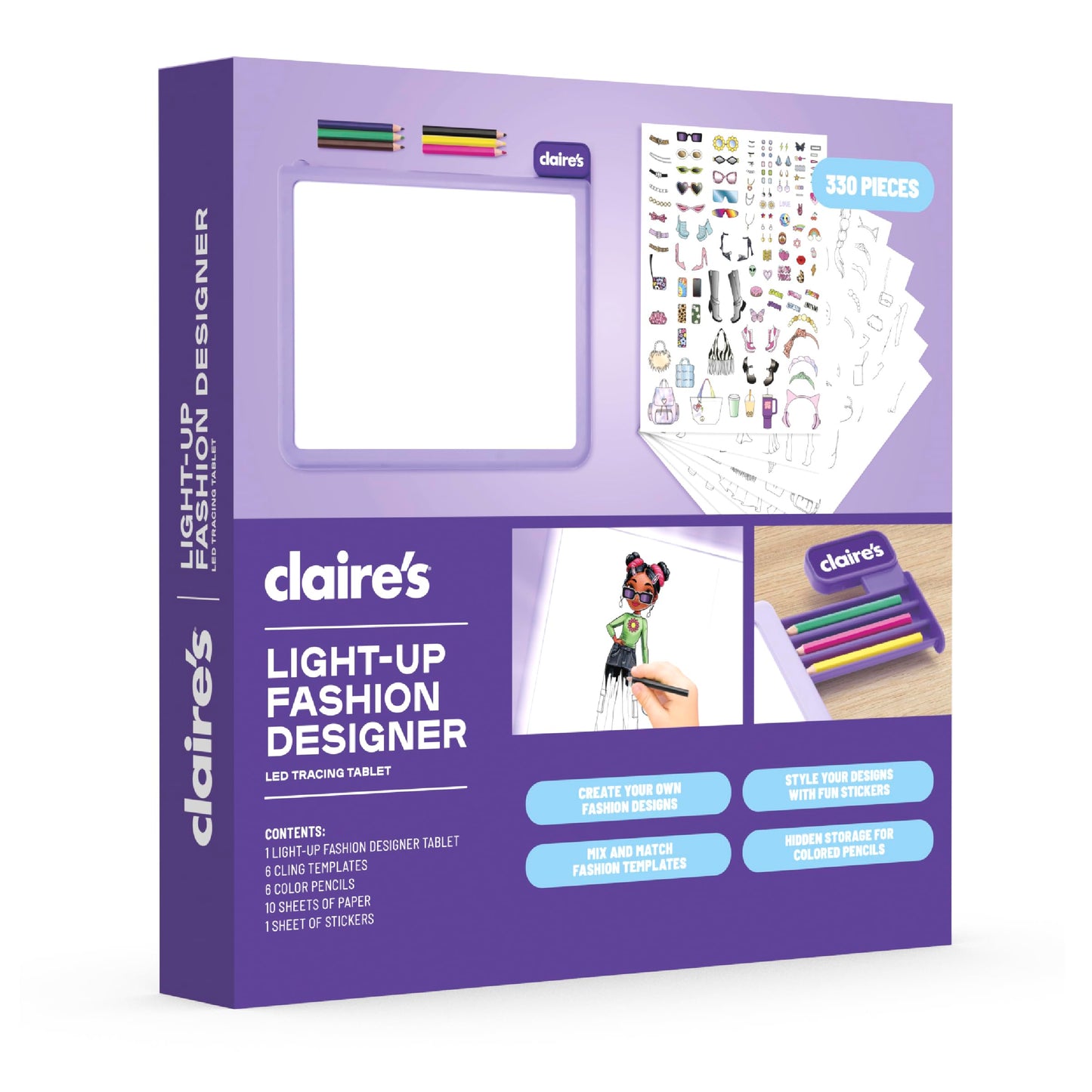 Claire’s Light-Up Fashion Designer LED Tracing Tablet – 330-Piece Design Kit with Templates, Stickers, Paper & Hidden Pencil Storage