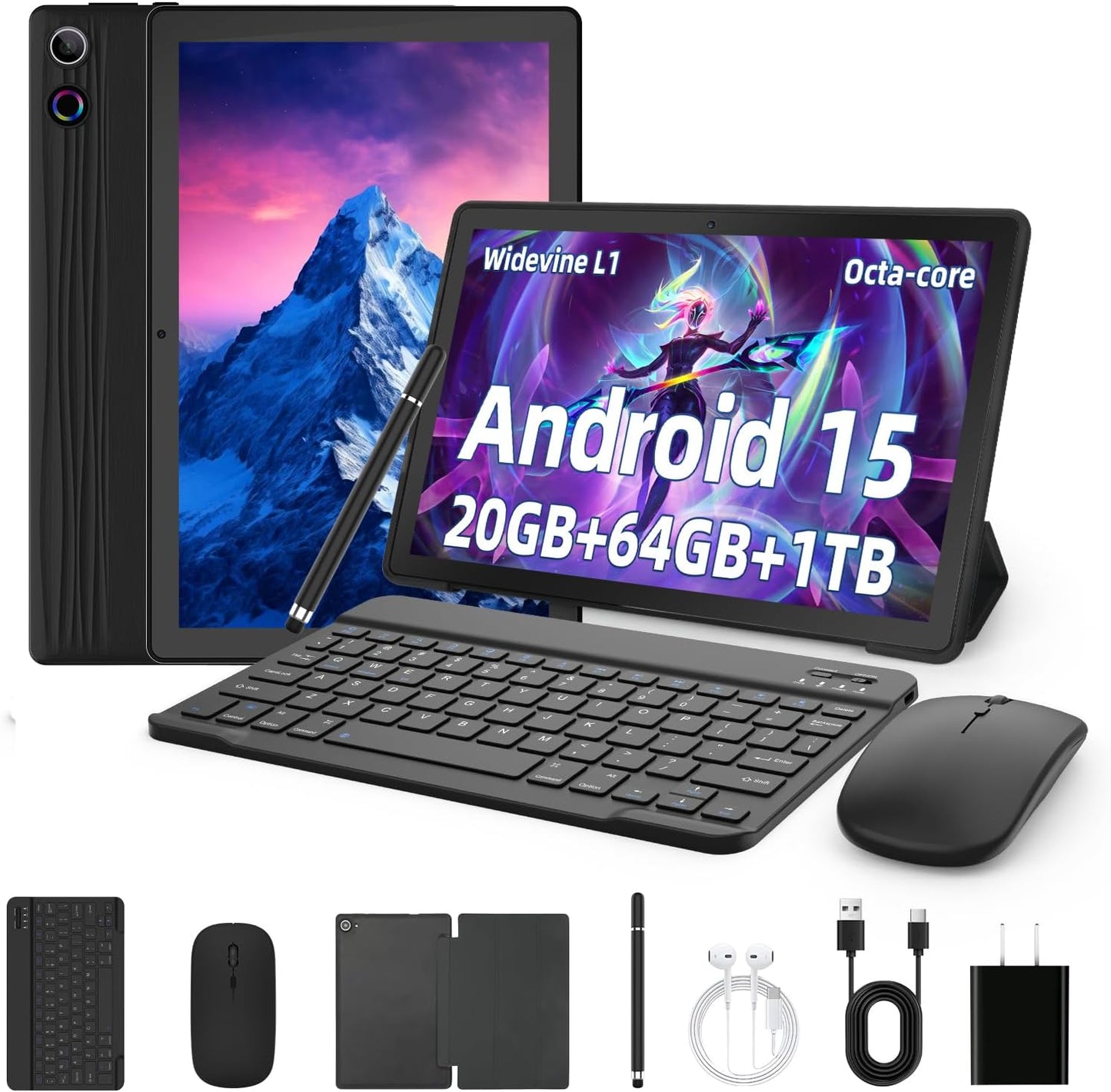 Gleeso Tablet, Latest Android 15 Tablet 10 Inch, 8-Core, 20GB+64GB+1TB TF, Dual Camera, Widevine L1, Face ID, 5000mAh Battery, WiFi 6, BT 5.4, 2-in-1 Tablets with Keyboard Mouse Pen Protective Case