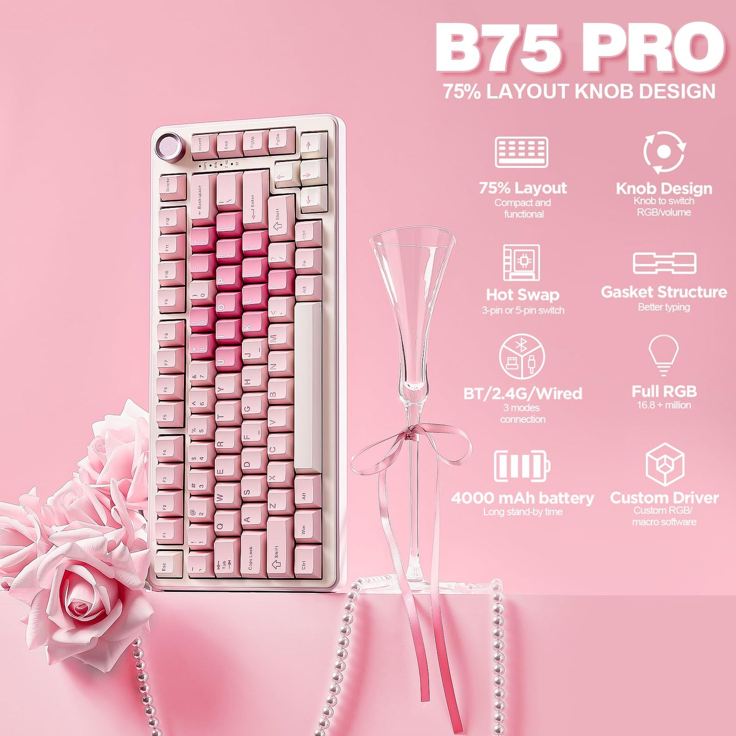 YUNZII B75 PRO Wireless Mechanical Keyboard,75% Layout with Knob,Hot Swap Gasket Custom Structure,Creamy Pre-lubed Switches,RGB Backlit,Bluetooth/Type-C/2.4G for Win/Mac(Milk Switch,Pink)