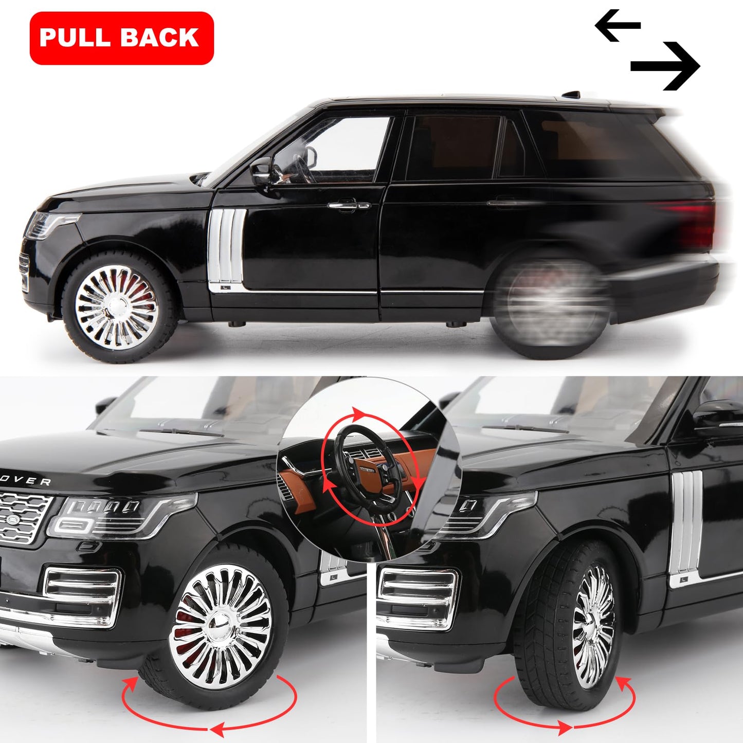 1/18 Scale Compatible for Land Rover Model Car,Zinc Alloy Pull Back Toy Diecast Car with Sound and Light,SUV Off-Road Vehicle,Children's Toy car ,Gifts for Boys and Girls Black