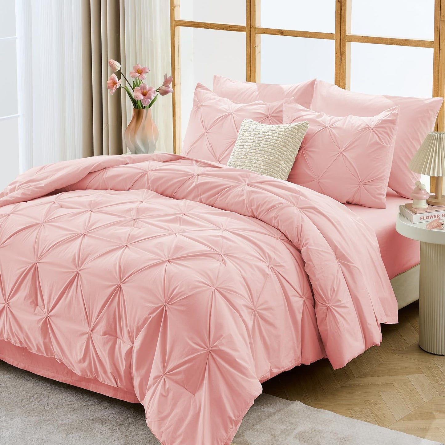 JOLLYVOGUE Full Size Comforter Sets 7 Pieces - Bed in a Bag Full for All Season, Pintuck Bedding Comforter Sets with Comforter, Flat Sheet, Fitted Sheet and Pillowcases & Shams, Pink