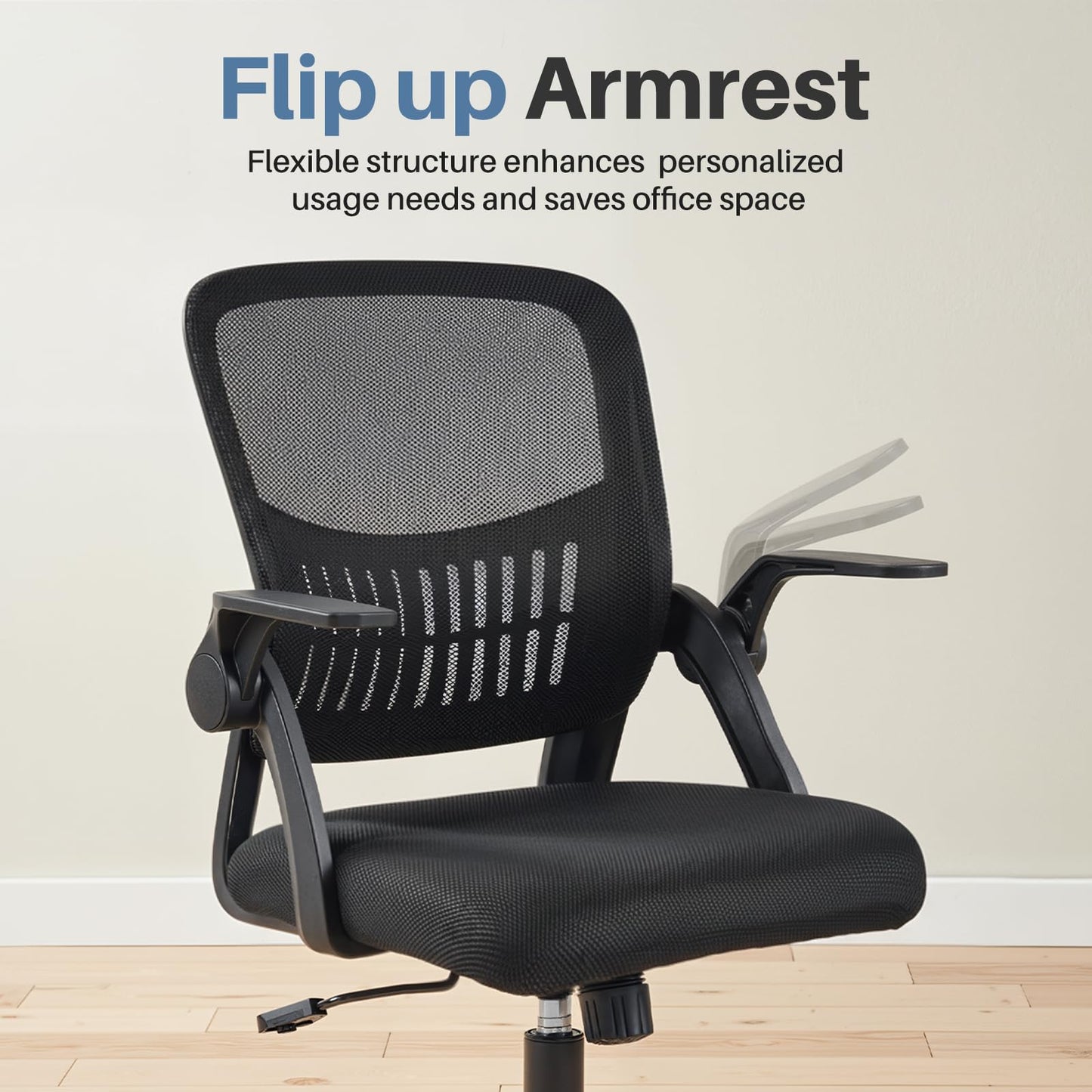 DUMOS Home Office Computer Chair - Ergonomic Mid Back Desk with Lumbar Support and Rocking Mode, Height Adjustable with Flip-up Armrest, for Conference Meeting Room, 360° Swivel, Adults, Black