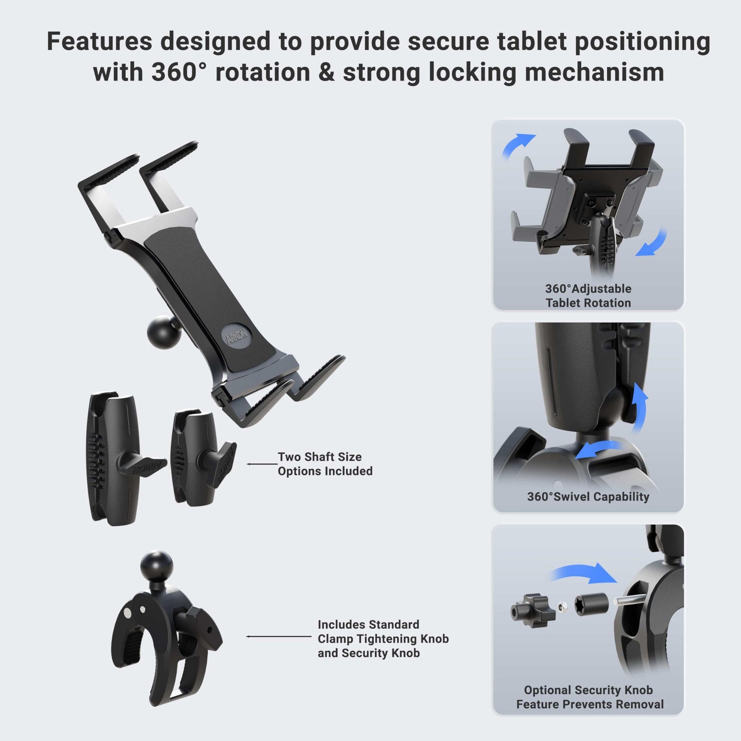 ARKON Mounts - Tablet Holder with Clamp Mount | Corrosion-Resistant | Tablet Stand w/Sturdy Clamp | Security Knob Feature | Two Adjustable Shafts Included | Fits iPad and Samsung Tablets