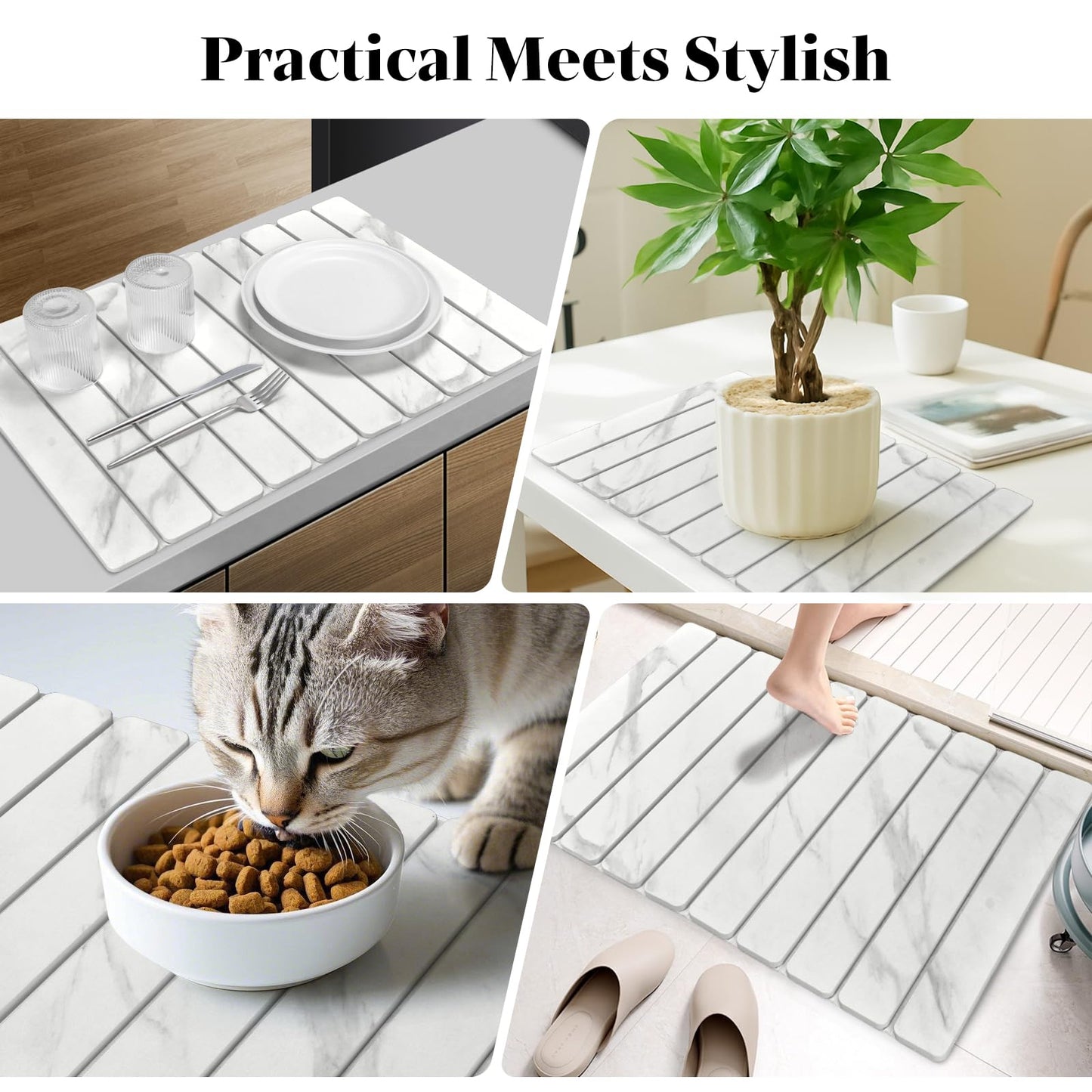 Large Stone Dish Drying Mats for Kitchen Counter, 24"(L)×16"(W) Marble-Pattern, Fast Drying Collapsible Dish Drying Mat, Eco-Friendly Absorbent Diatomaceous Earth Mats for Cups, Match Countertop