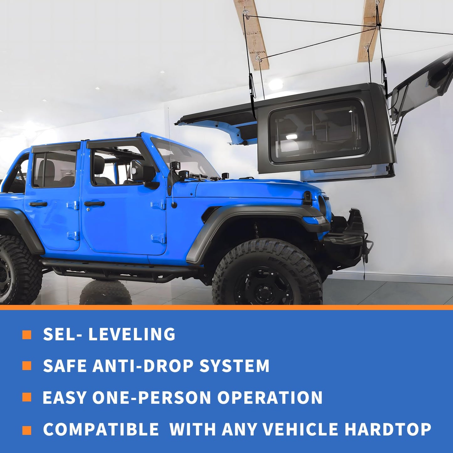 Premium Hard Top Removal Lift Hoist for Jeep Wrangler and Ford Bronco - Self-Leveling Design, Safe Anti-Drop System, Easy One-Person Operation - Supports 8-16 ft. Ceilings - Bonus 6 T Knobs Included