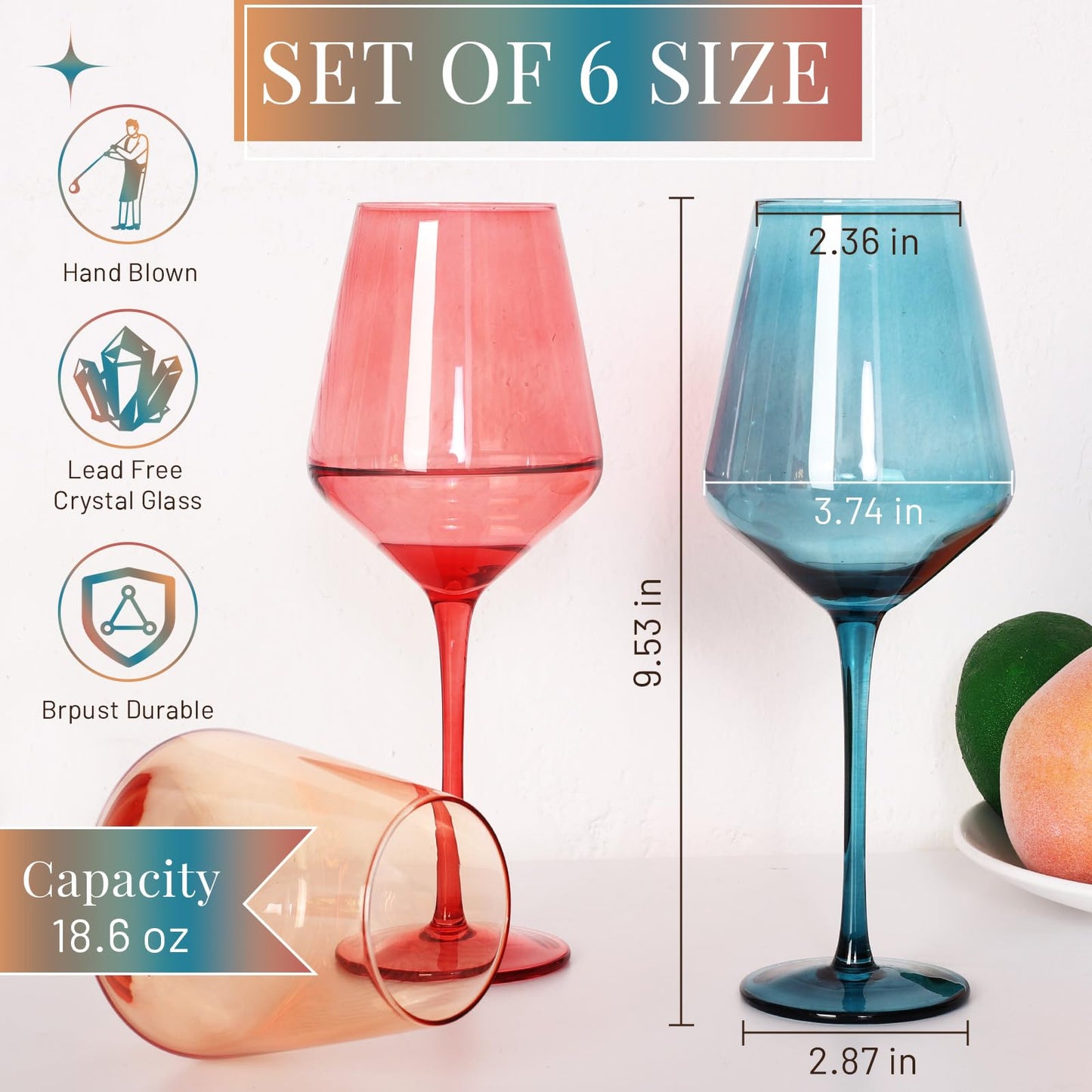 AIRXINLAY Colored Wine Glasses Set of 6-18.6oz, Colorful Wine Glasses by hand Blown Crystal,with Tall Long Stems for Party Home Bar Christmas Wedding gift set for wine lovers