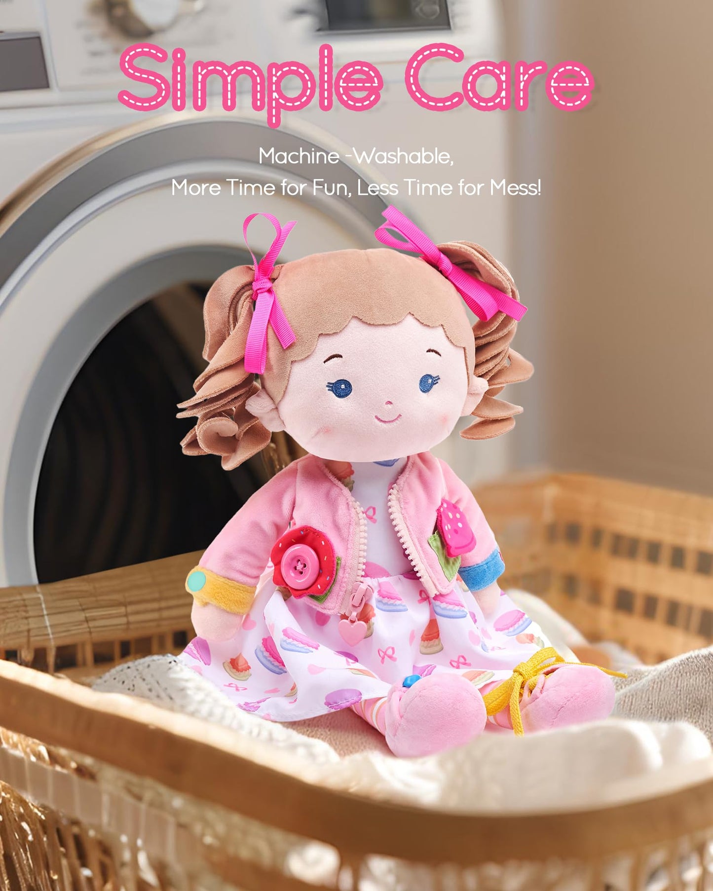 LeyaDoll Soft Bady Educational Soft Baby Doll(16''), Learning Sensory Doll for Toddlers, Montessori Toys for 2-Year-Old Girls Christmas, Birthday Gifts, Plush Toy with Button-Busy Cupcake-Girl