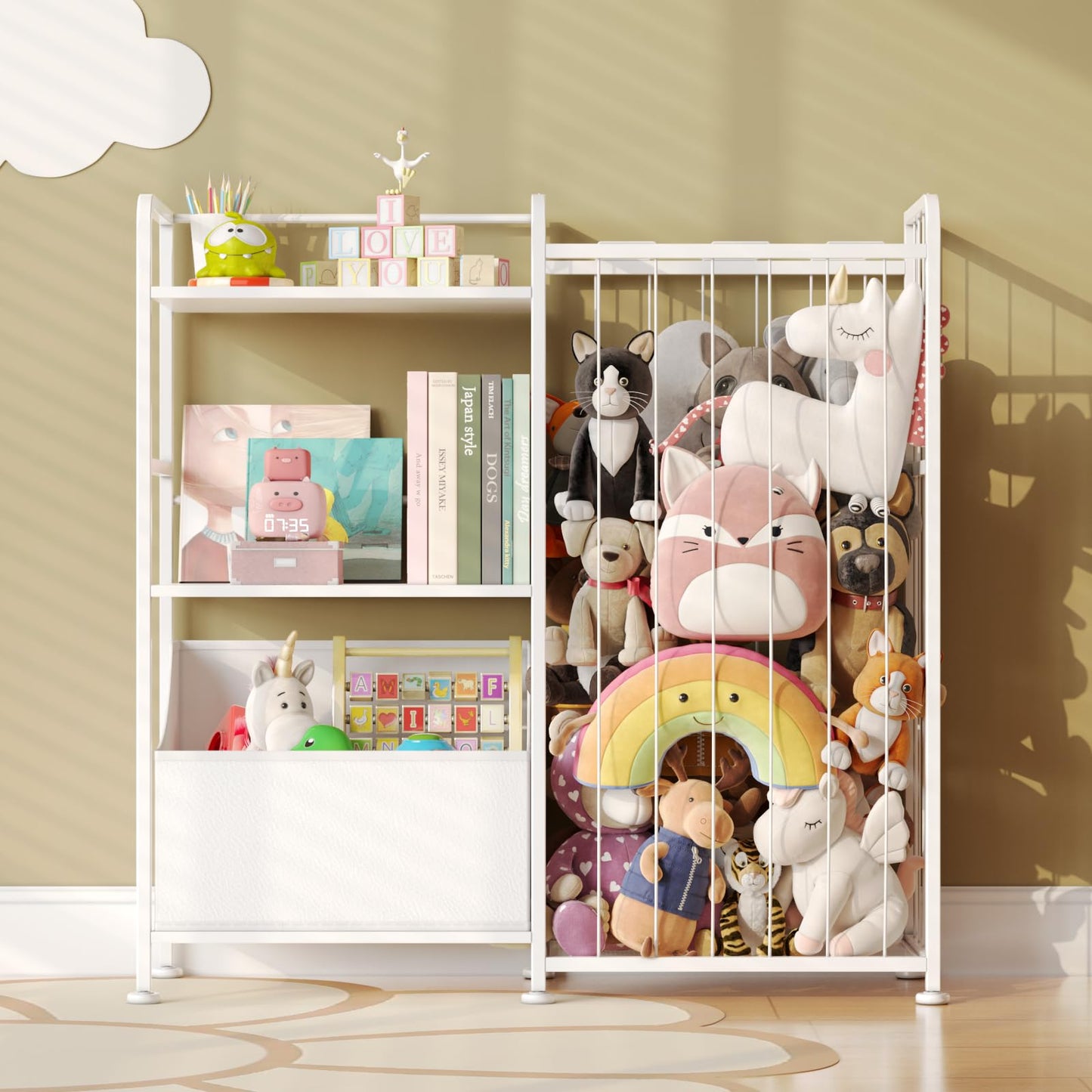 BBLIKE Kids Bookshelf and Toy Storage Organizer, Stuffed Animal Storage Holder with Fabric Toy Chest, 2-Tier Toddler Book Shelf for Kids Room, Playroom, Nursery, White