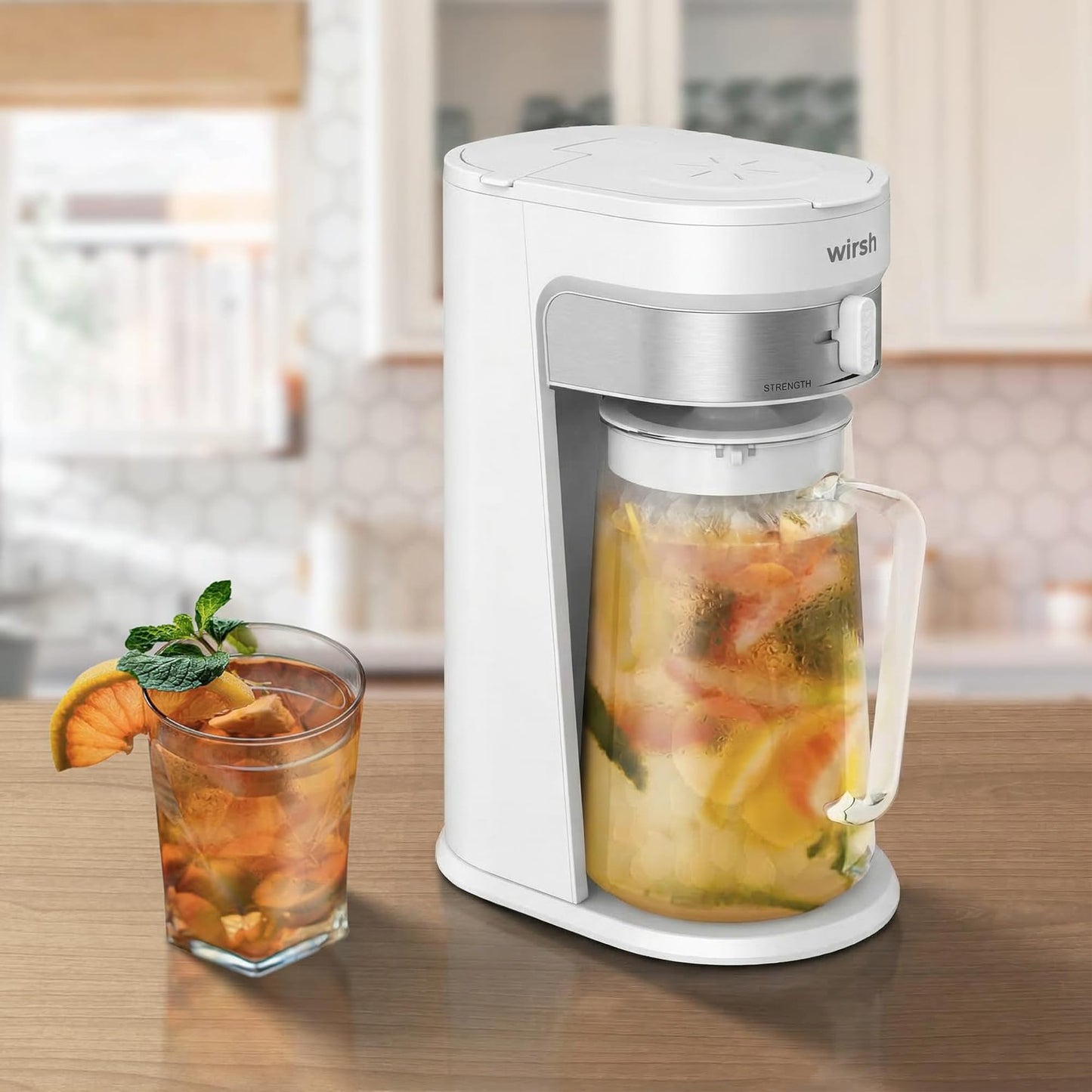 wirsh Iced Tea Maker with 3QT Pitcher, Iced Coffee Maker with Strength Control and Reusable Filter, Perfect For Iced Coffee, Latte, Tea, Lemonade, Flavored Water,White