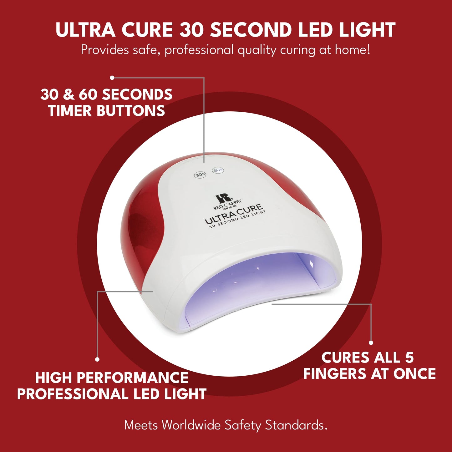 RC Red Carpet Manicure Ultra Cure 30 Salon LED Light - Fast Curing LED Gel Light for Nails, 30s Cure for All 5 Fingers or Toes, Acetone Resistant, Pedicure-Friendly, Professional Quality Nail Lamp.
