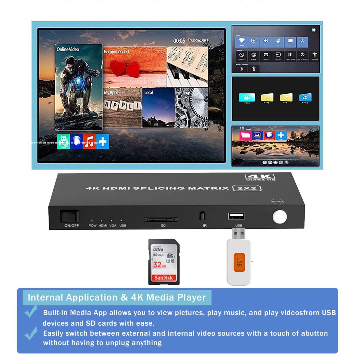4-in4-out Video Wall Controller 2x2, HDMI & VGA & USB & SD Support 4K Input TV Wall Controller,1080P Output TV Wall Processor,180 Degree Rotate 1x2,1x3,1x4,2x2,2x1,3x1x4x1