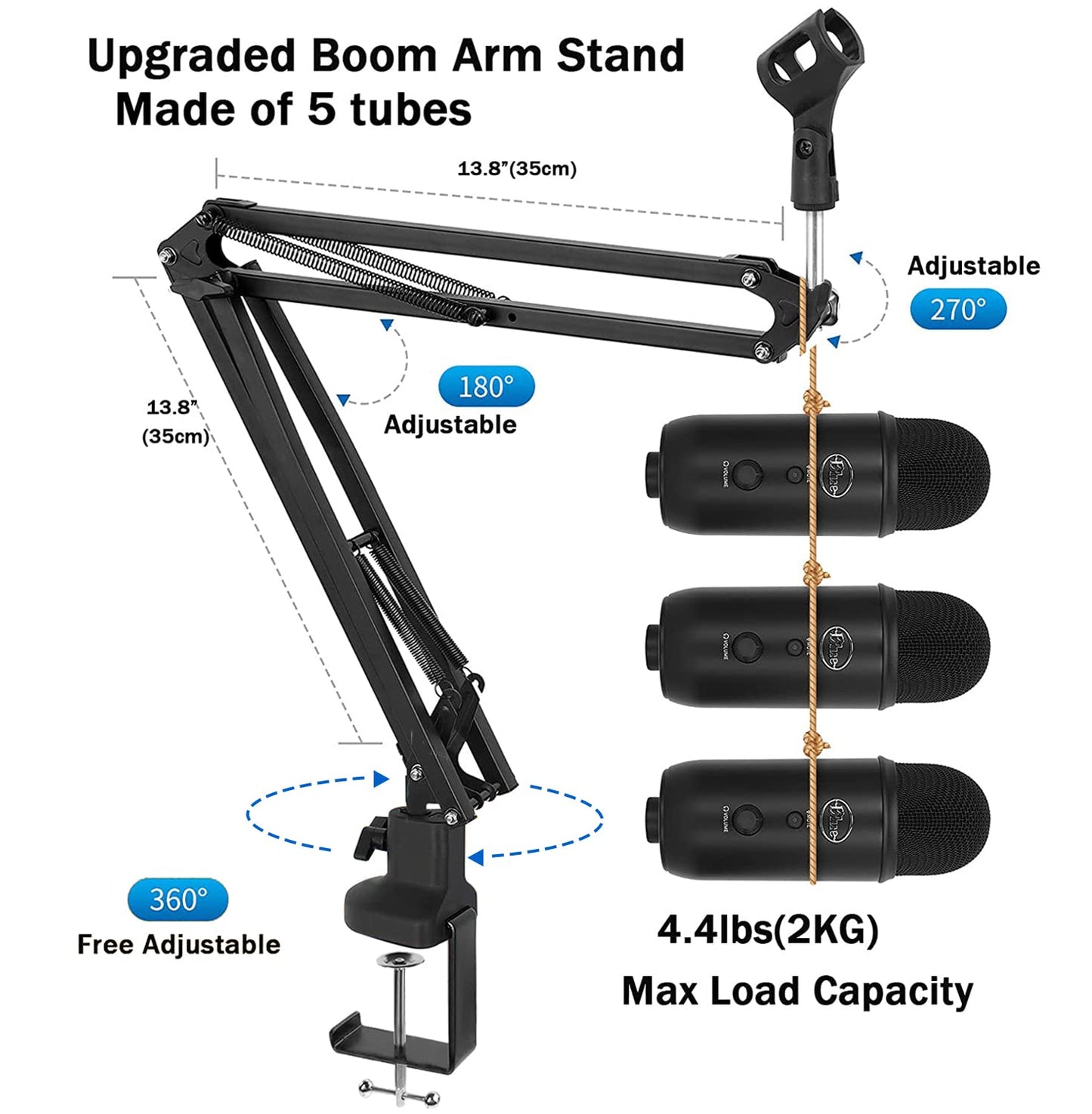 Luling Arts Boom Arm Suspension Mic Heavy Duty Microphone Arm for Blue Yeti, Hyperx Quadcast, Adjustable Boom Mic Stand Desk with Pop Filter, 1/4“-3/8“-5/8“ Adapter, Mic Mounts,Broadcast