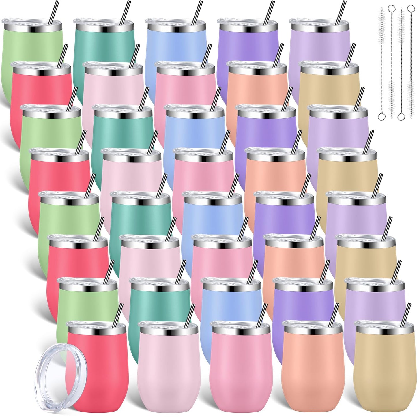 40 Pack Insulated Wine Tumbler 12oz Stainless Wine Coffee Cup with Lid Straw Double Wall Vacuum for Employee Wedding School Homeless Housekeeping Week Christmas Operation Gift(Morandi Color)