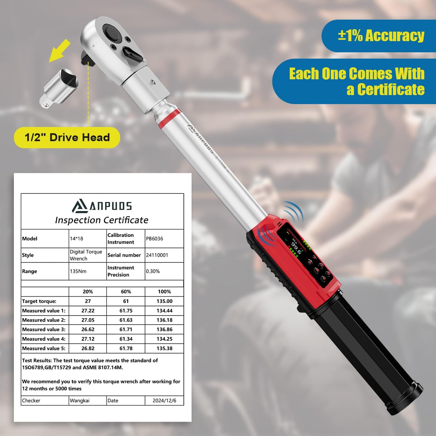 ANPUDS Adjustable Digital Torque Wrench, 1.5-99.6 Ft.lb/2-135 Nm, Hvac Torque Wrench with 45mm Jaw, 1/2 Drive Ratchet, ±1% Accuracy, Vibration, Buzzer and LED Indicator for Split AC, Moto, Car