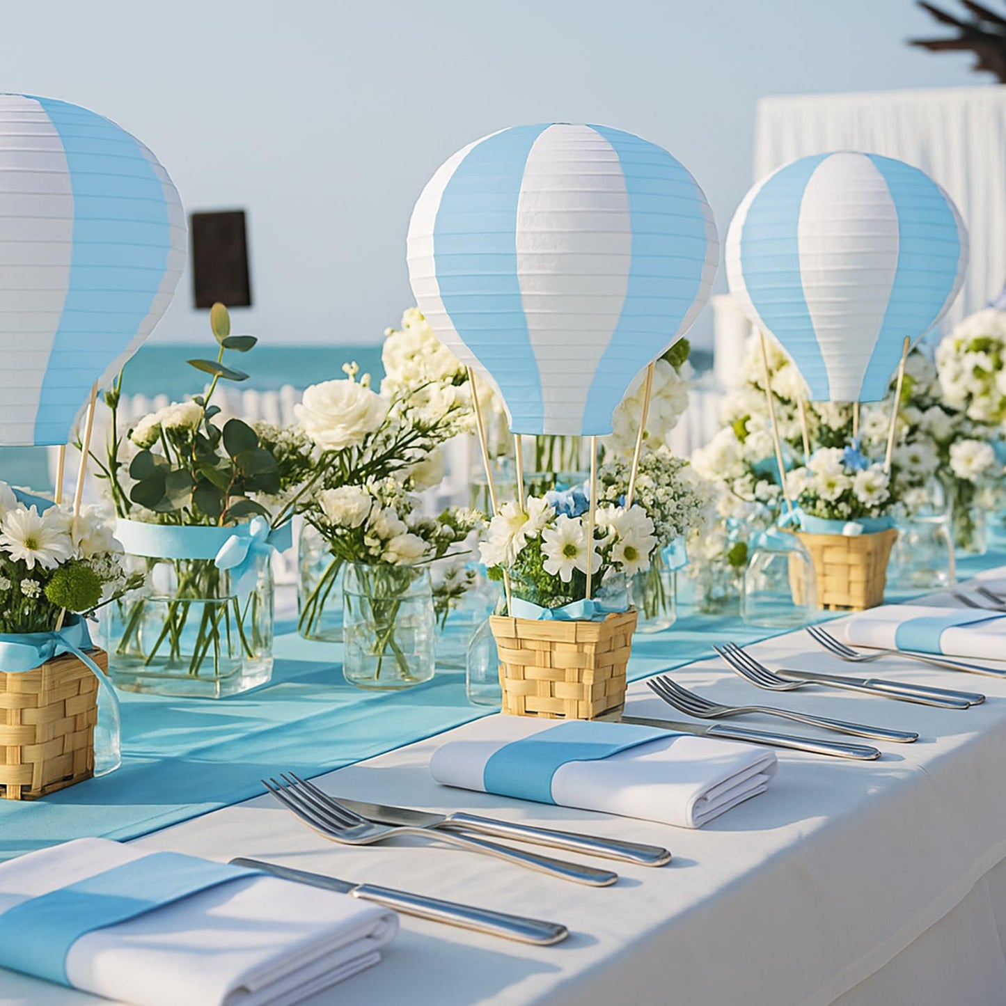 Meooeck 8 Sets Blue Hot Air Balloons Decorations Baby Shower Table Centerpieces 11.8'' Paper Lantern with Basket for Gender Reveal Birthday Wedding Graduation School Party Supplies