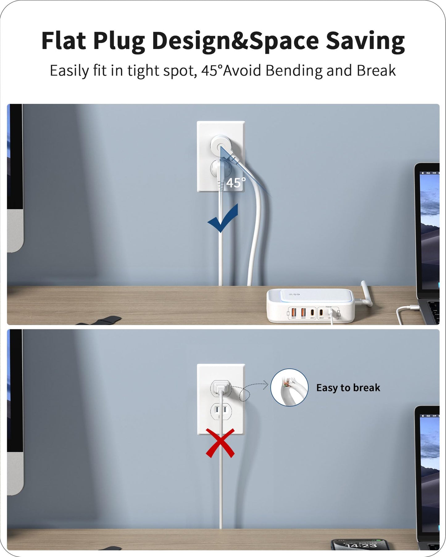 KWRNVO Power Strip with USB Ports, 65W USB C Charger for Laptop 5FT Flat Extension Cord Outlet Extender with 2 AC Outlets, 3 USB C Ports, 2 USB A Ports, Surge Protector Desktop USB Charging Station
