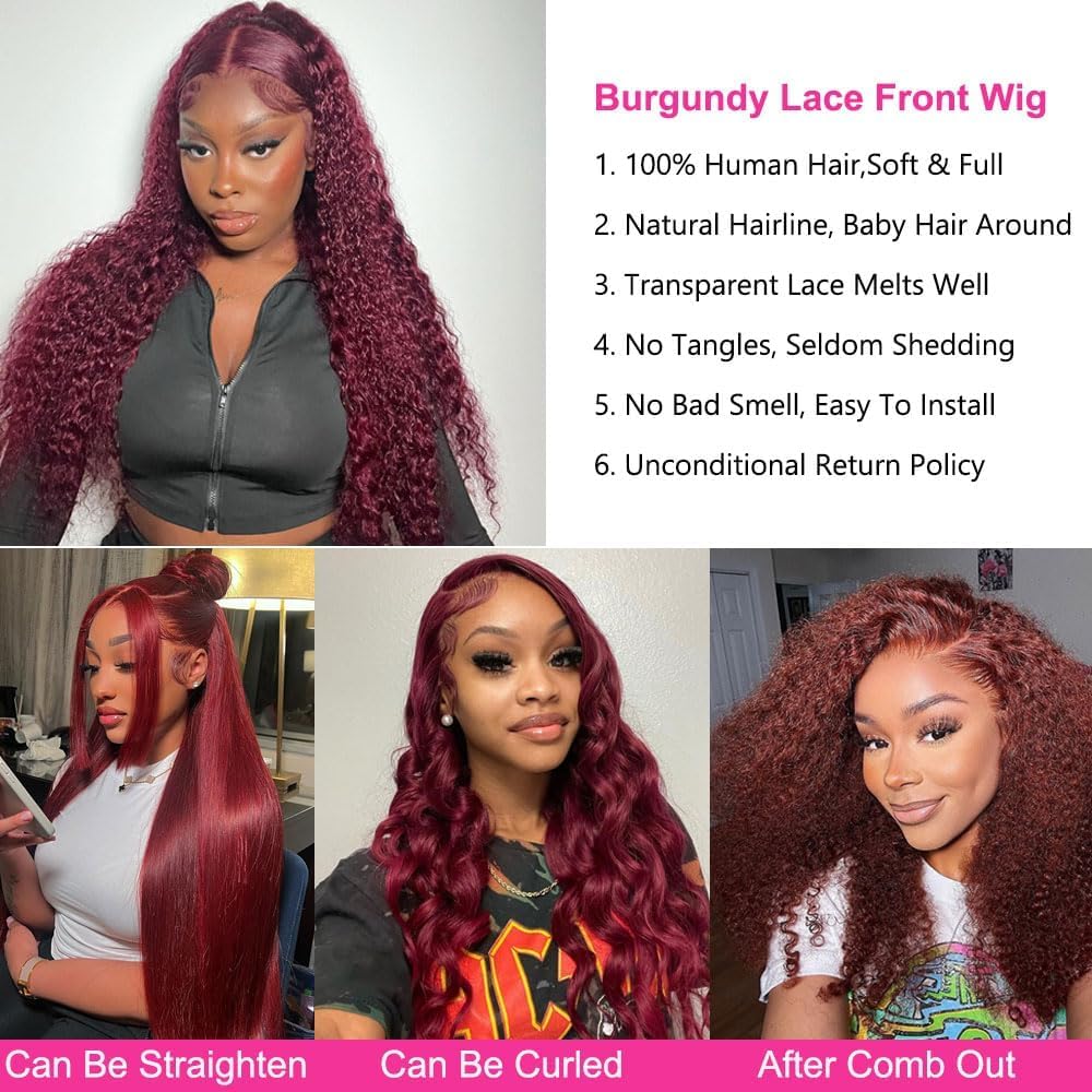 99j Burgundy 13x5 Deep Wave HD Lace Front Wigs Human Hair Pre Plucked Colored Curly Human Hair Wig Glueless Deep Curly Lace Frontal Wigs Red Human Hair Wigs for Women 180% Density (26 Inch)