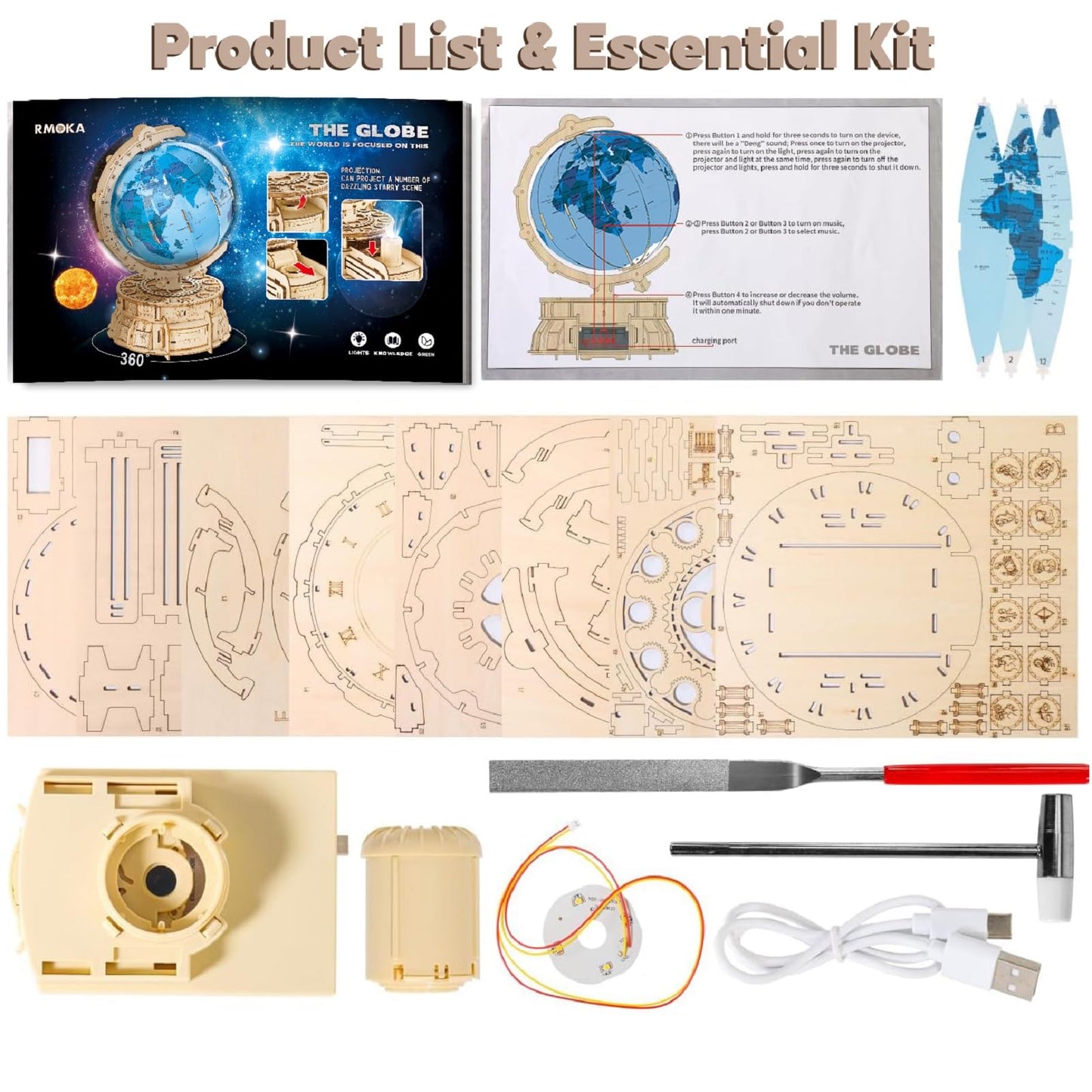 3D Wooden Puzzles for Adults Illuminated Globe with Stand 188pcs 3D Puzzles Model Kit Built-in LED Music Box Stem Toys Gifts for Adults/Teens