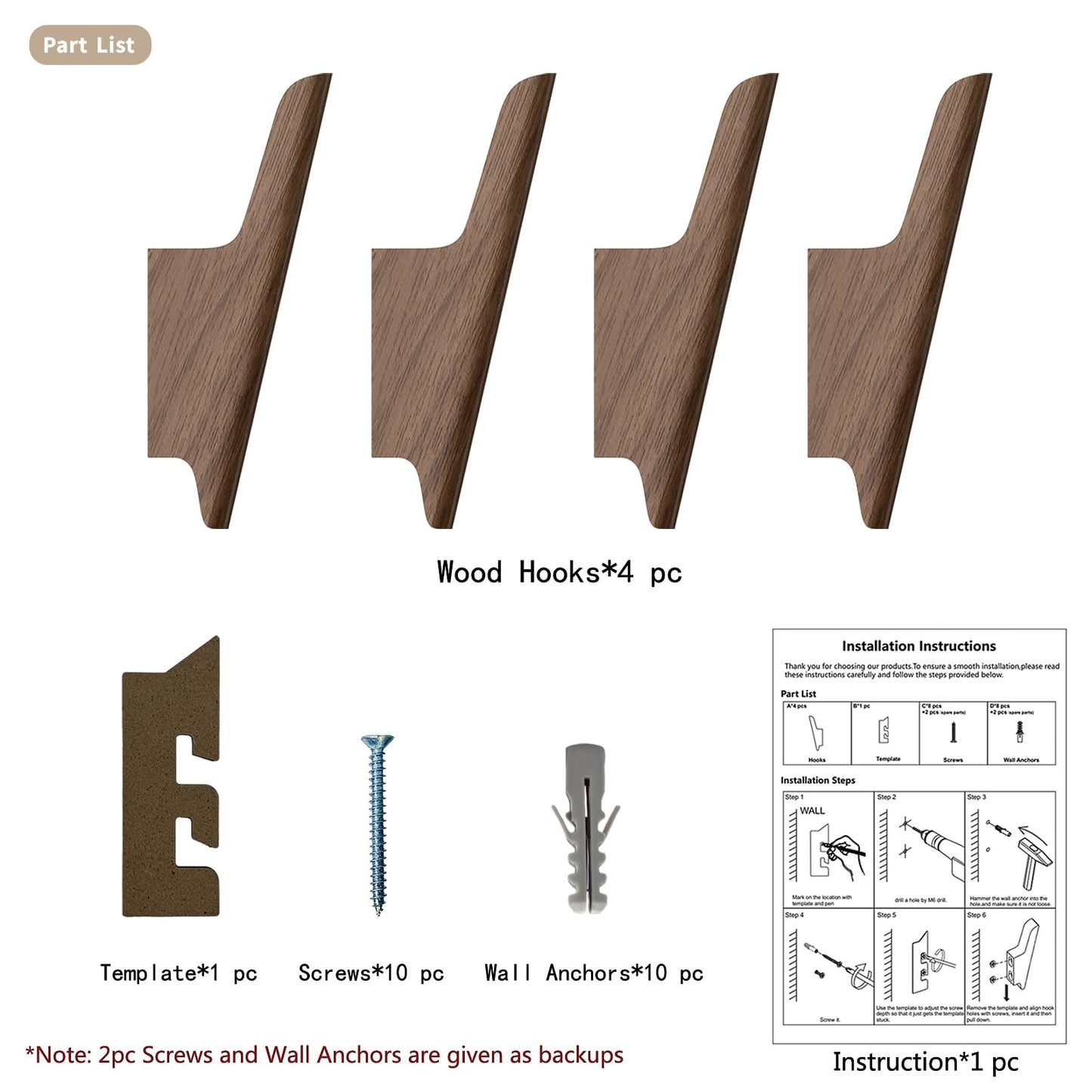 FCOWK Wood Wall Hooks 4 Pack Coat Hooks Wall Mount Walnut Wooden Hooks for Hanging Hat, Bag, Backpack, Rustic Coat Hooks for Wall, Wood Towel Hooks for Bathrooms and Entryway Hooks (Walnut, Light)