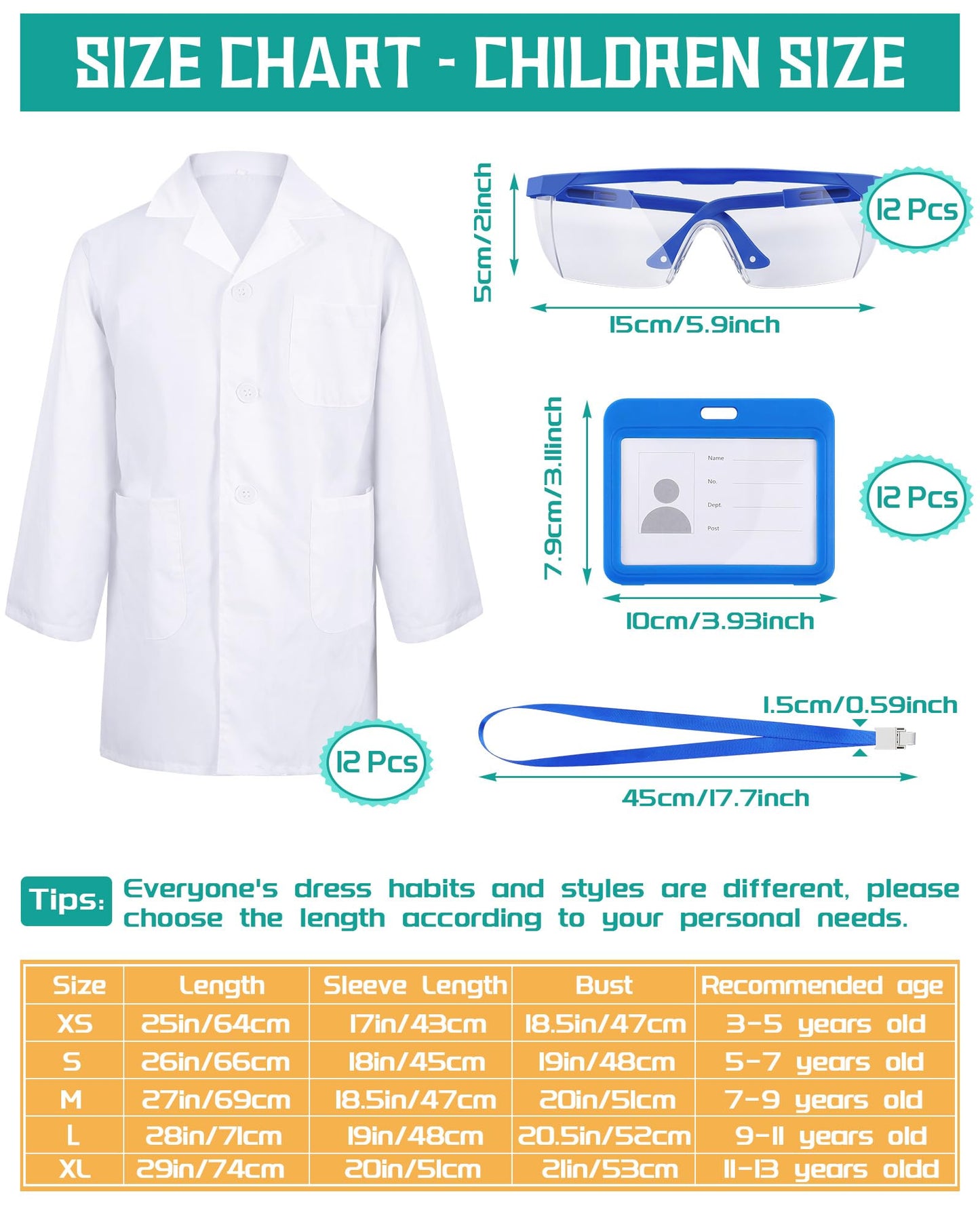 Xtinmee 12 Sets 36 Pcs Kids Lab Coat Set Halloween Doctor Costume with Goggles ID Card Kit Science Dentist Doctor Dress Up (Large)