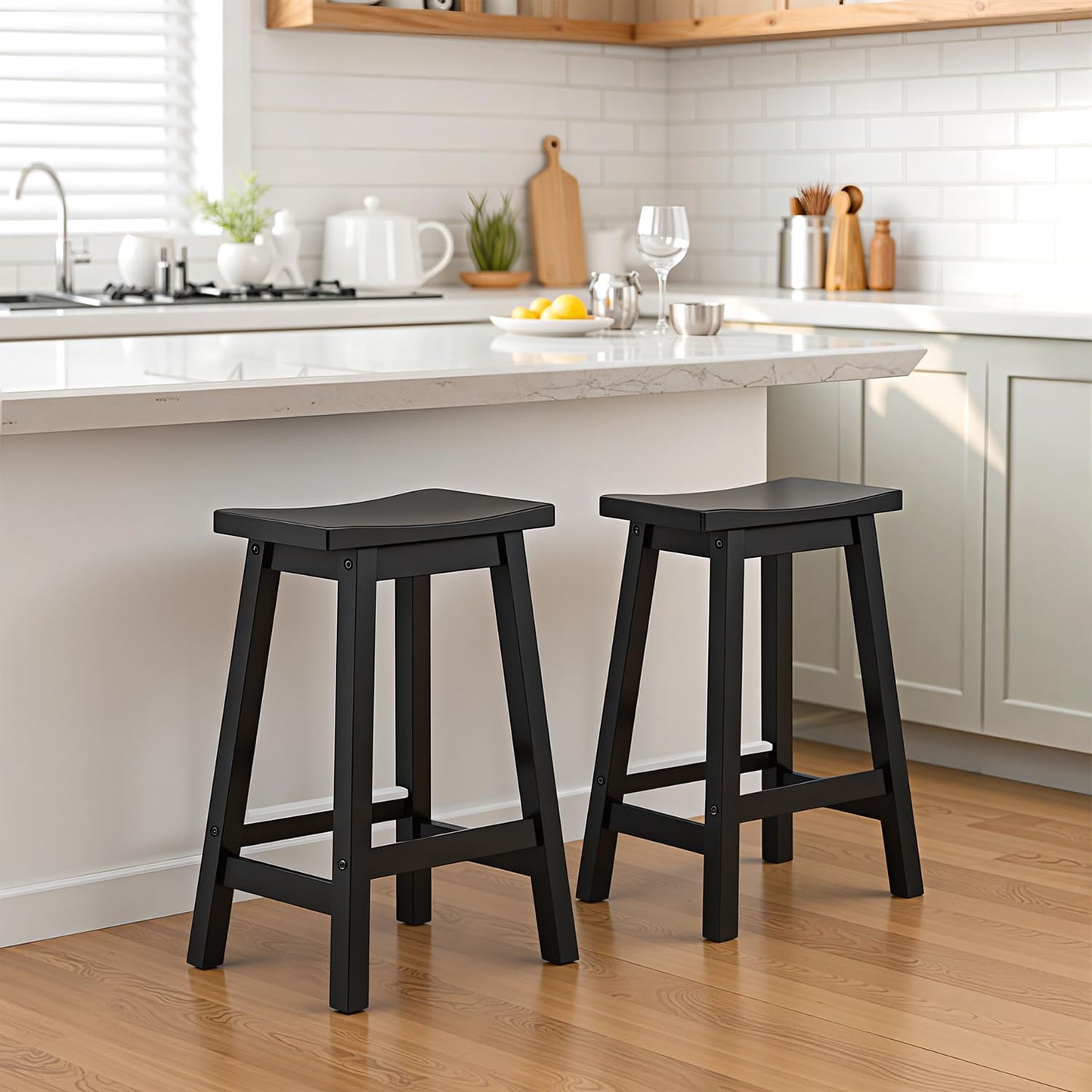 PayLessHere Bar Stools Set of 2, Wooden Saddle Stools 24 Inch Heigh, Bar Chairs Seat with Footrests and Industrial, Kitchen Counter Stools for Restaurant, Bistro Bar and Home Dining