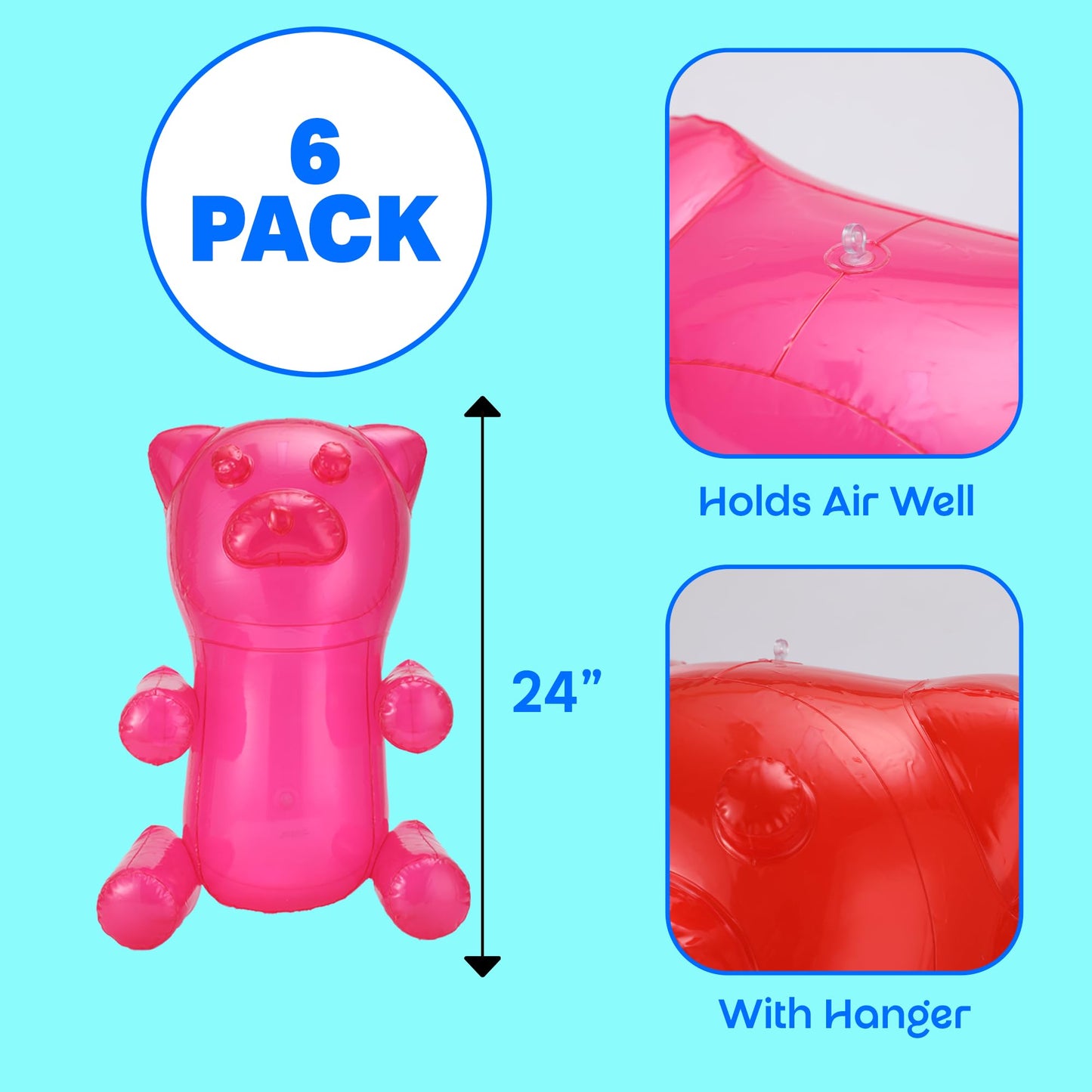 4E's Novelty Inflatable Gummy Bears Huge 24" - Great for Party Decorations, Unique Blow Up Pool Toys for Kids, Candyland Themed Birthday Party Decorations Supplies - Pack of 6