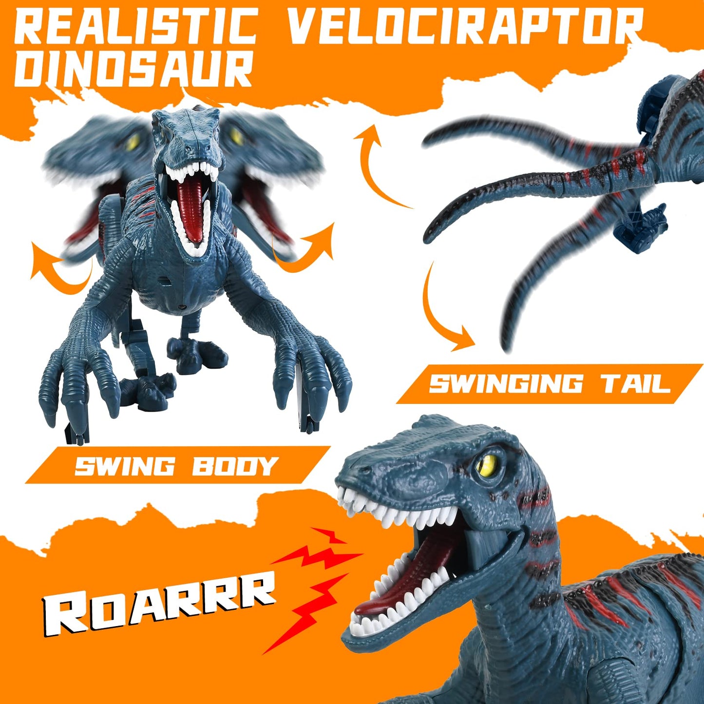 APOBATK Remote Control Velociraptor Toy - Realistic Walking Dinosaur with Lights & Sounds - STEM Toy for Boys Ages 5-7 & 8-12 Blue