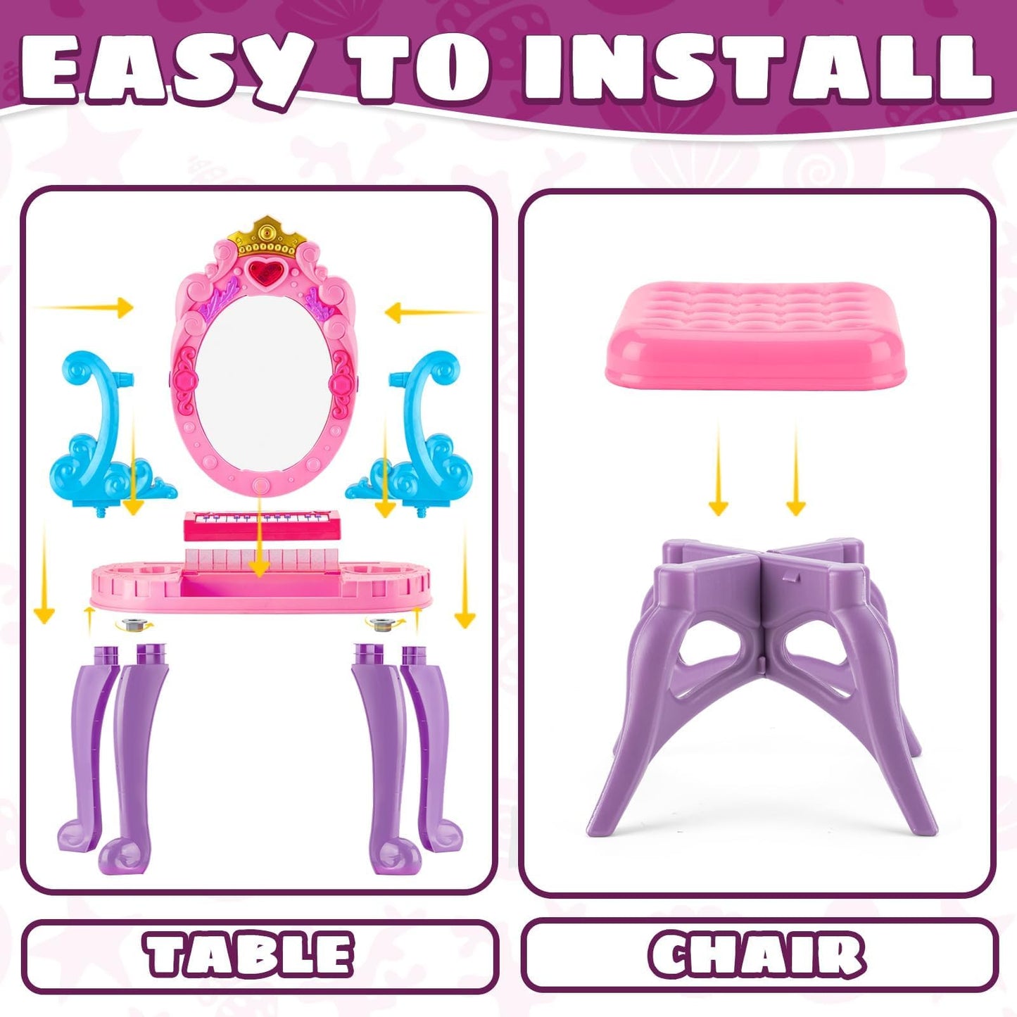 Vanity Makeup Table Toy for Kids, Toddler Girl Pretend Play Makeup Accessories- Princess Dress Up Set, Music Piano & Lights, Adjustable Mirror, Hairdryer, Mermaid Table & Chair Kit, Birthday Gift
