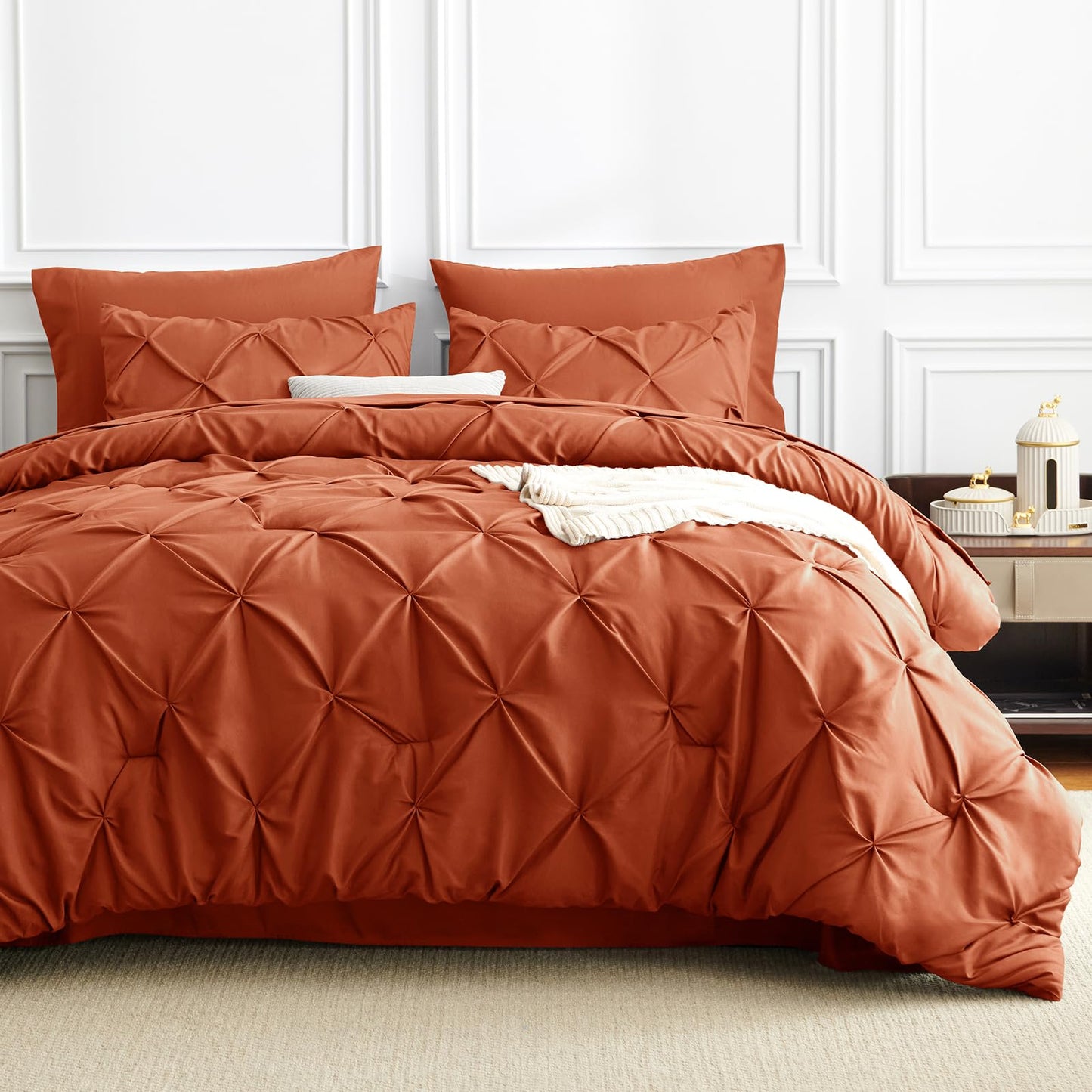 HIMEET Queen Comforter Set Burnt Orange - 7 Pieces Pintuck Bed in a Bag, Pinch Pleat Modern Room Decor, All-Season Soft Bedding Gift with Comforter, Sheets, Pillowcases & Shams