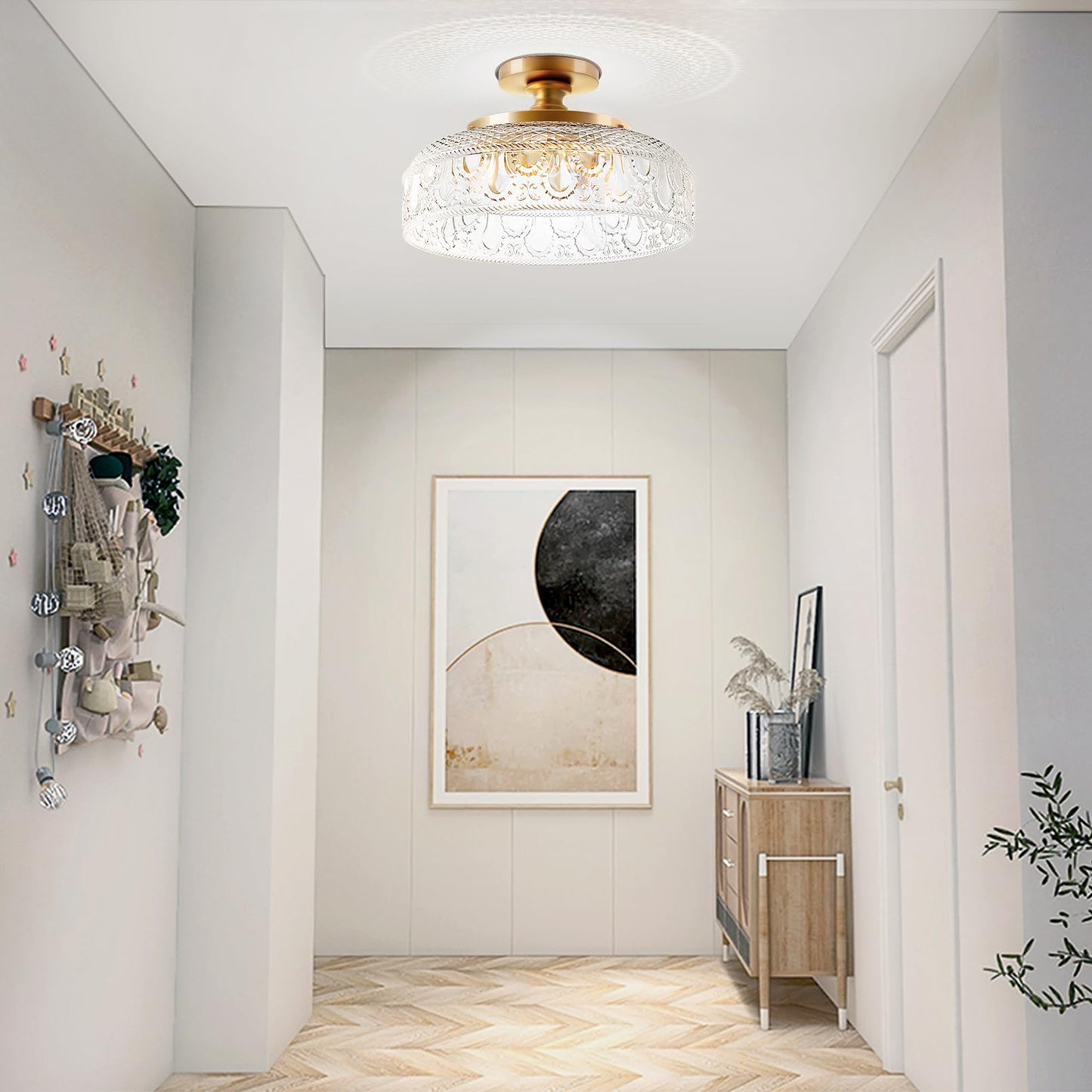Lamomo Semi Flush Mount Ceiling Light, Upgraded Larger Golden Hallway Light Fixture, 3-Bulb Globe Glass Close to Ceiling Scone,Indoor Hanging Light for Bedroom Kitchen Porch Hallway,Bulbs Not Included
