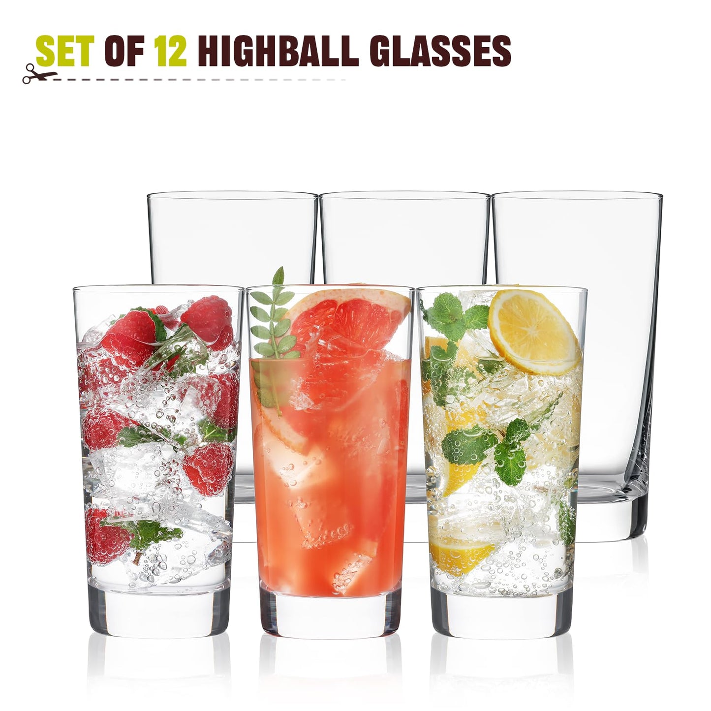 OUWO Highball Glasses Set of 12, 13oz Tall Drinking Glasses, Water Glass for Kitchen, Tom Collins Glasses, Mojito Glass Cups, Cocktail Glasses for Bar Glassware