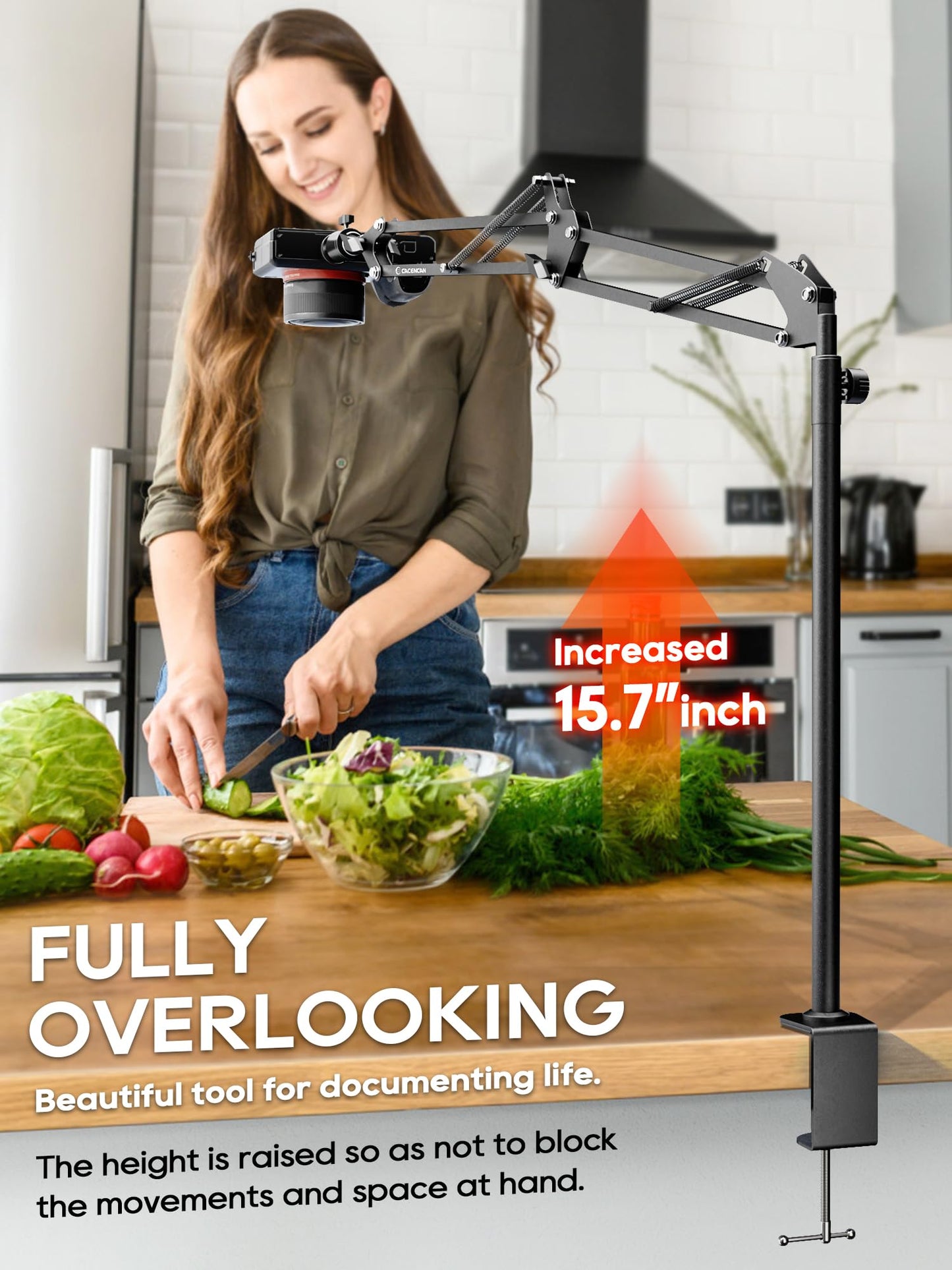 CACENCAN Overhead Camera Mount, 5lb Horizontal Load-Bearing, 360Β° Adjustable Camera Stand for Desk, Flexible Camera Arm Desk Mount, with Phone Clamp, Tabletop Mount for DSLR Camera/Webcam/Microphone