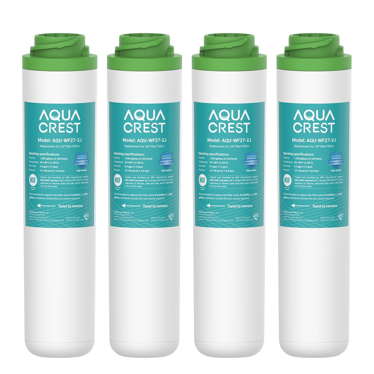 AQUA CREST FQK2J Under Sink Water Filter, Replacement for GE FQK2J, FQK1K, NSF/ANSI 42 372 Certified, 1350 Gallons Dual Flow Drinking Water Replacement Filters (4 Count)