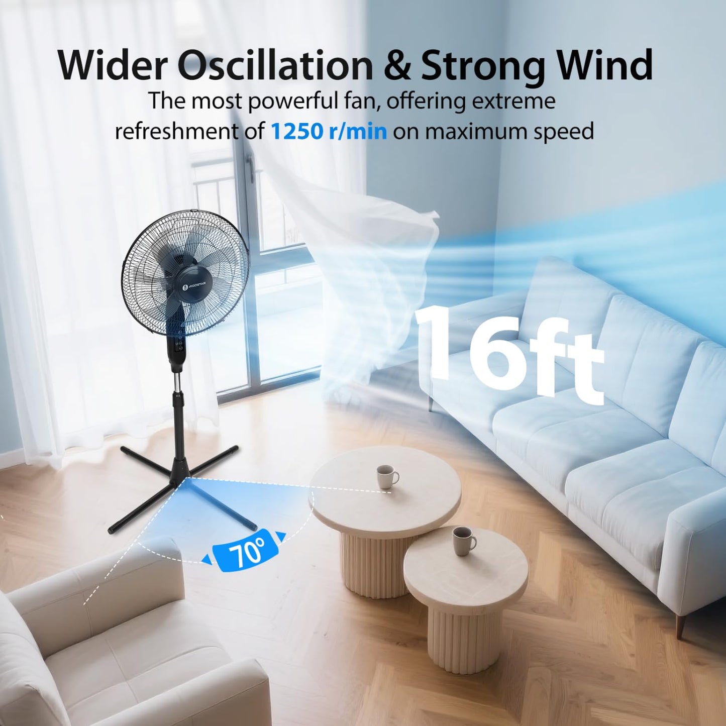 Aigostar 7-Blade Pedestal Fan Oscillating with Remote, 16" Standing Fan for Bedroom, 9H Timer, 3 Speeds, 3 Modes, Adjustable Height and Tilt, Floor Fan for Living Room, Kitchen, Home, and Office