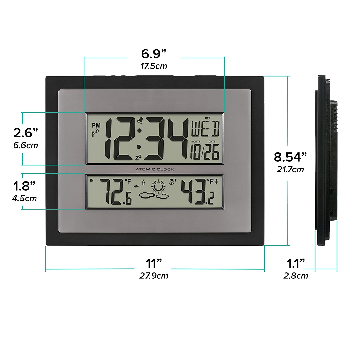 La Crosse Technology 512-85937-INT Atomic Digital Wall Clock with Temperature & Forecast in Gray/Silver