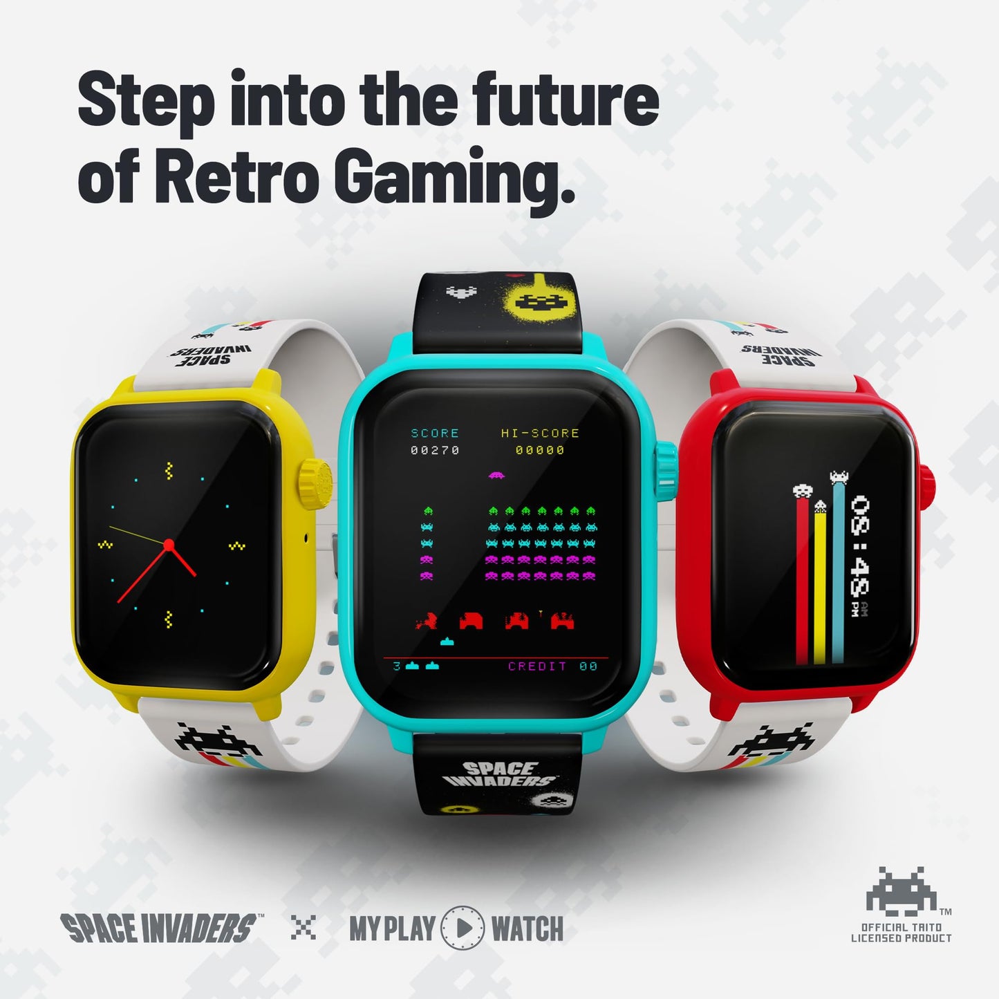 My Play Watch Space Invaders Retro Gaming Smart Watch, Selective Tech, Red Bezel, Non-Connected, Built-in Space Invaders™ Game, Custom Watch Faces, Classic Arcade Sound, IP67 Rating
