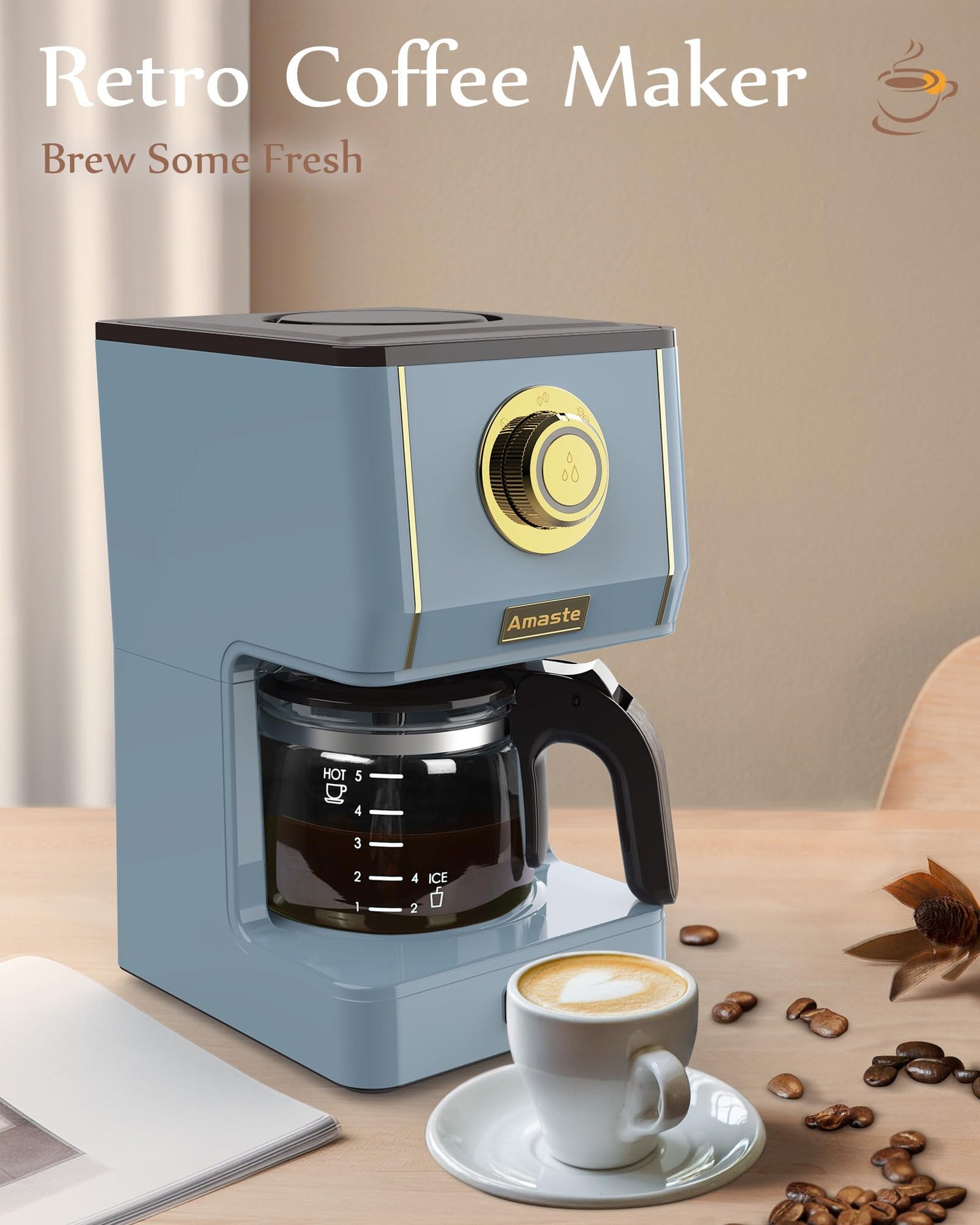 Amaste Coffee Maker, 5 Cup Coffee Pot with Three Brewing Modes, Retro Coffee Maker with Glass Carafe & Reusable Coffee Filter, Drip Coffee Maker Ideal for Home or Office, Keep Warm, Ash Blue