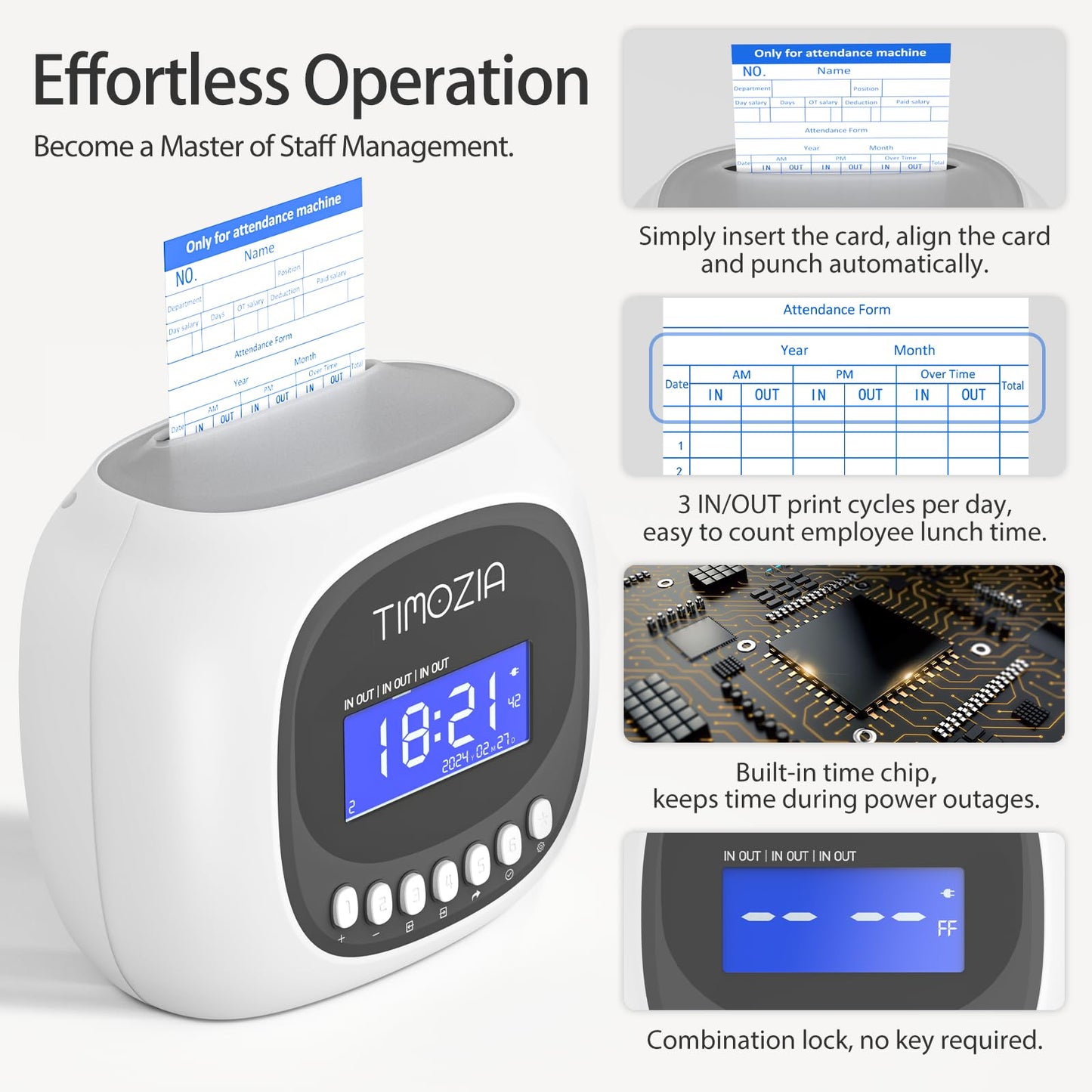 TIMOZIA Time Clocks for Employees Small Business, Auto-Align Time Clock, 6 Punches per Day Time Machine, Clock in Machine for Employees with Time Cards, 2 Ink Ribbons and White with 50 Cards