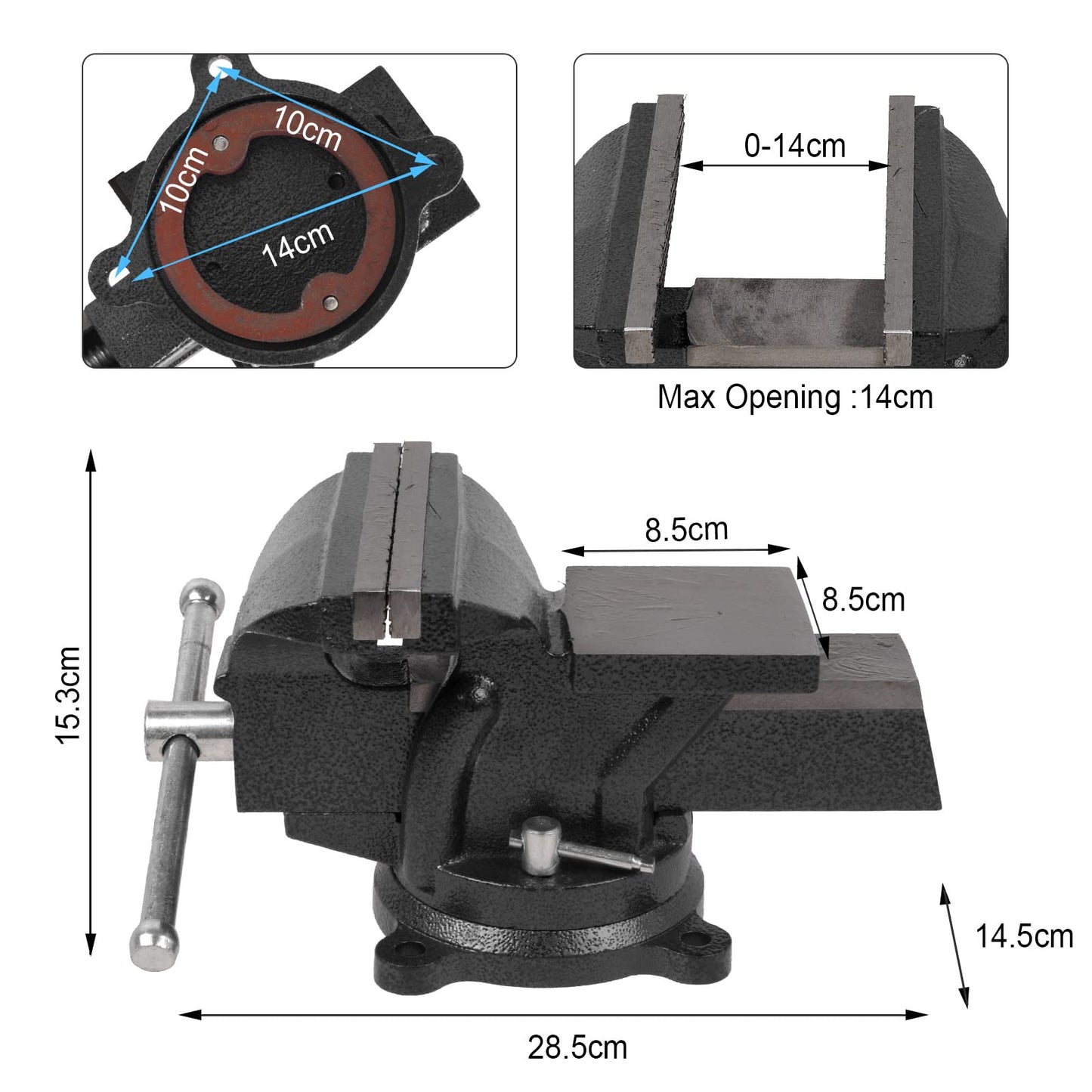 6" Heavy Duty Bench Vise, Pipe Vise Bench Vices with Anvil Swivel Table Top Clamp Locking Base, Double Swivel Rotating Vise Head& Body Rotates 360°-Black