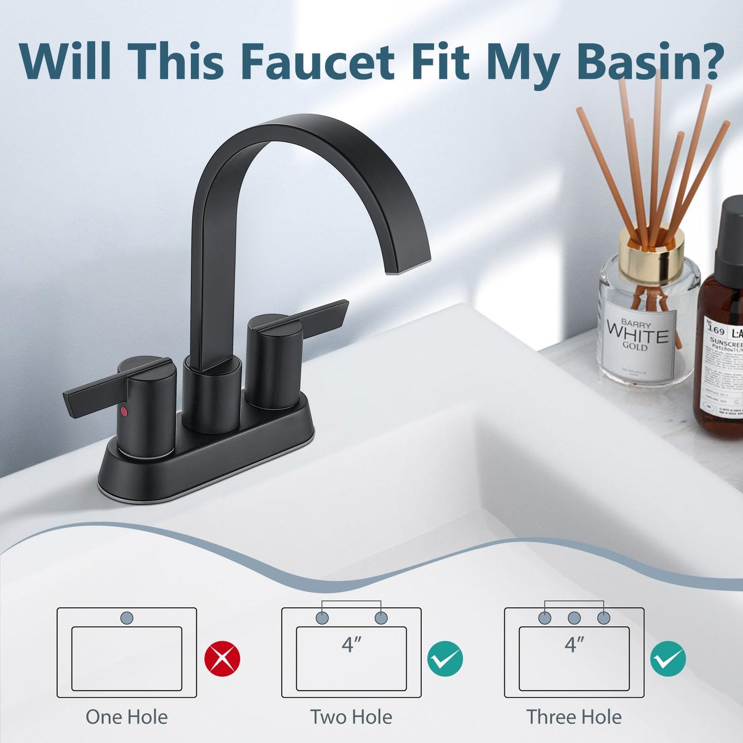 Aolemi Bathroom Faucets for Sink 3 Hole,4 Inch Centerset Waterfall Faucet 2 Handle for Bathroom Sink with Pop-Up Drain and Supply Lines Matte Black