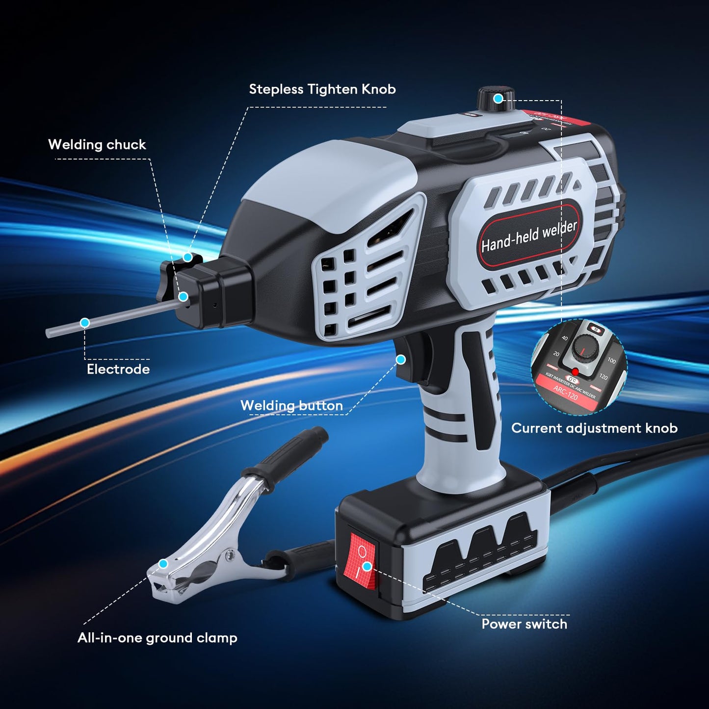 ALIESTFDNO Portable Electric Welding Machine, 110V ARC Handheld Welding Machine with IGBT Inverter 120Amp Variable Current Stepless Adjustment, Portable Welder Gun, Fits for 3/32″to 1/8″ Wire Rods