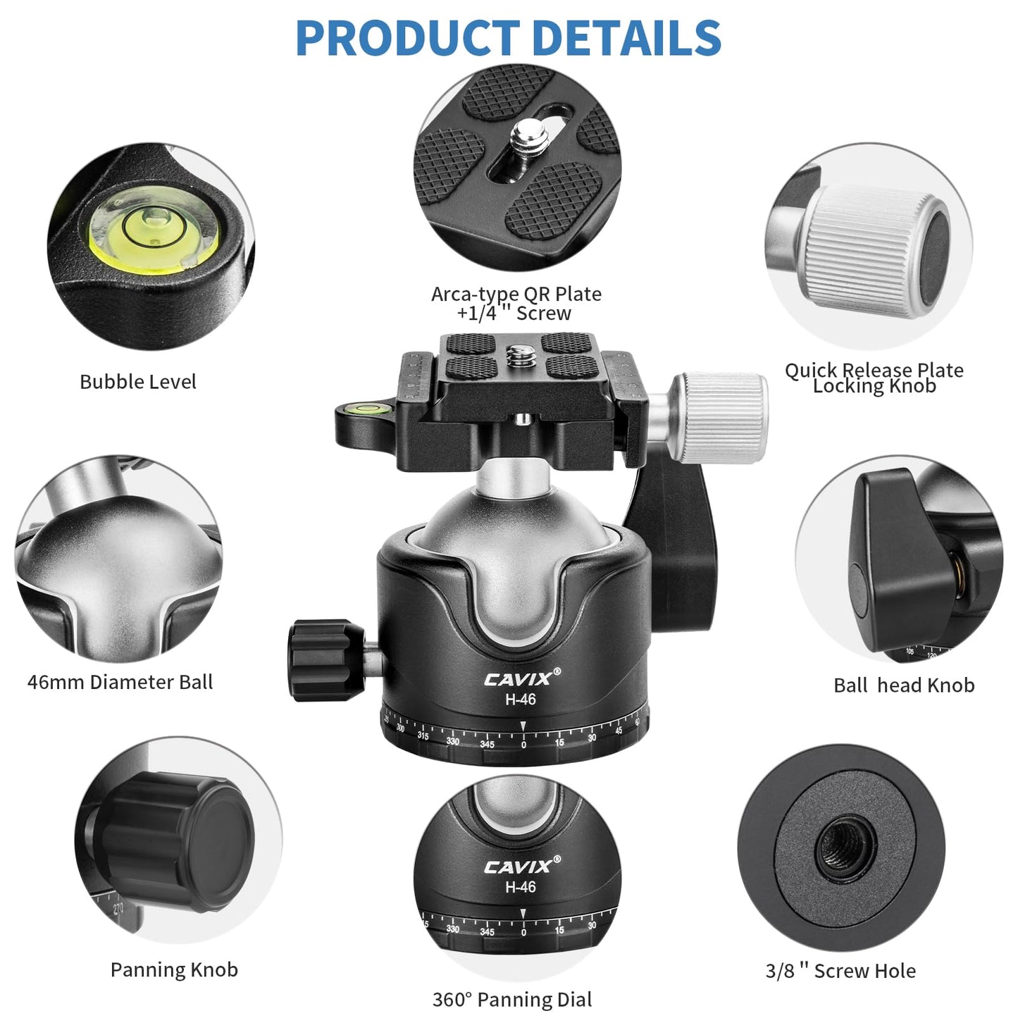CAVIX Tripod Ball Head with 1/4" Arca Swiss Quick Release Plate Aluminium Tripod Ball Head Mount Large Ball