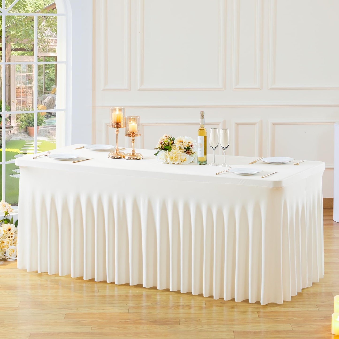 2 Pack Spandex Ivory Fitted Table Cloth for 6ft Rectangle Tables Ivory Stretch Tablecloth Table Covers Banquet Table Clothes Wrinkle Free Table Skirt for Parties Wedding