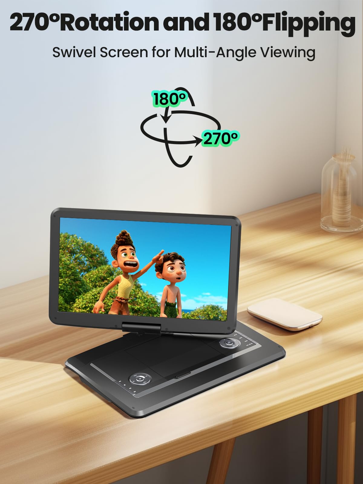 Arafuna 18" Portable DVD Player with with 5-Hour Rechargeable Battery, 16" HD Swivel Screen with Dual Stereo Speakers, Support USB/SD/Sync TV, Regions Free