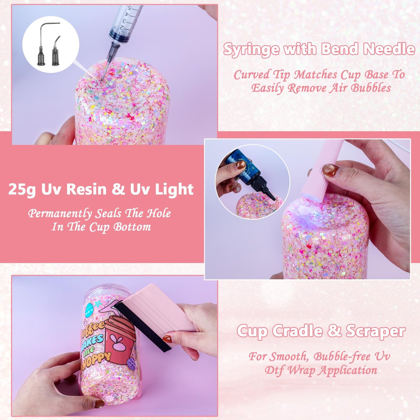 6 Pack 16 Oz Acrylic Snow Globe Tumbler Supplies Starter Kit, Double Wall Plastic Pre-Drilled Snowglobe Tumbler Cup Tool Set, Including Squeeze Bottle Cup Cradle and Scraper etc.