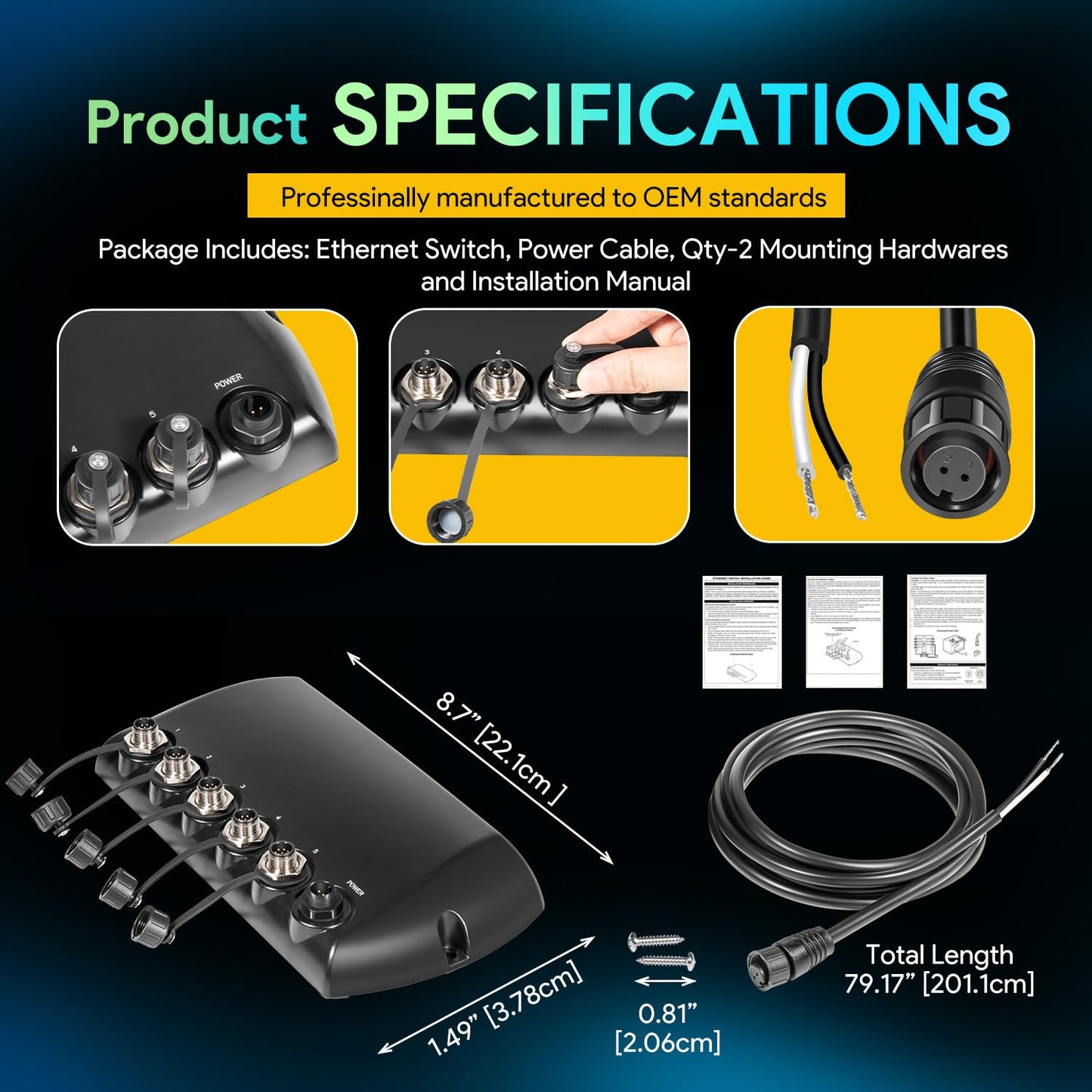 408450-1 5 Port Ethernet Switch, Replacement for Humminbird AS ETH 5PXG Network Switch Hub Waterproof for All Helix 7/8/9/10/12/15, G4N, G3N, G2N, APEX, SOLIX, Onix, ION Models, Black