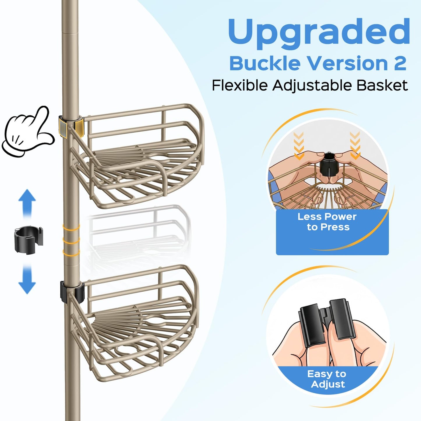 HAMITOR Shower Caddy Corner Tension Pole: 4-Tier Large Capacity Bathroom Organizer Shelves - Rustproof No-Drill Adjustable 47-123 inch Shower Storage for Renters, Home Bathtub Stand Rack, Tan Khaki