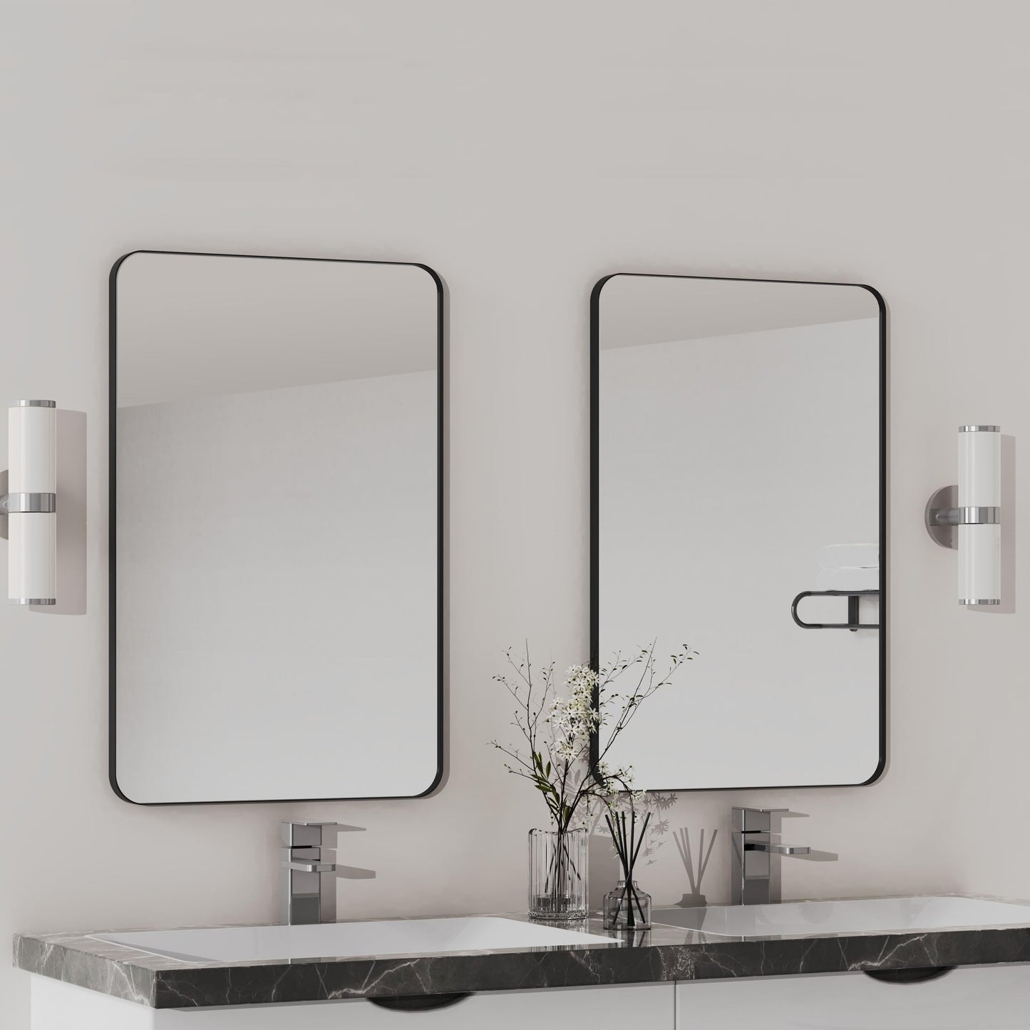 VocalStar Black Metal Framed Bathroom Mirror for Wall, 16 x 24 Inch Rounded Rectangle Matte Black Bathroom Vanity Mirror Farmhouse, 1/4-inch Shatterproof Glass | Ultra-Flush Hanging