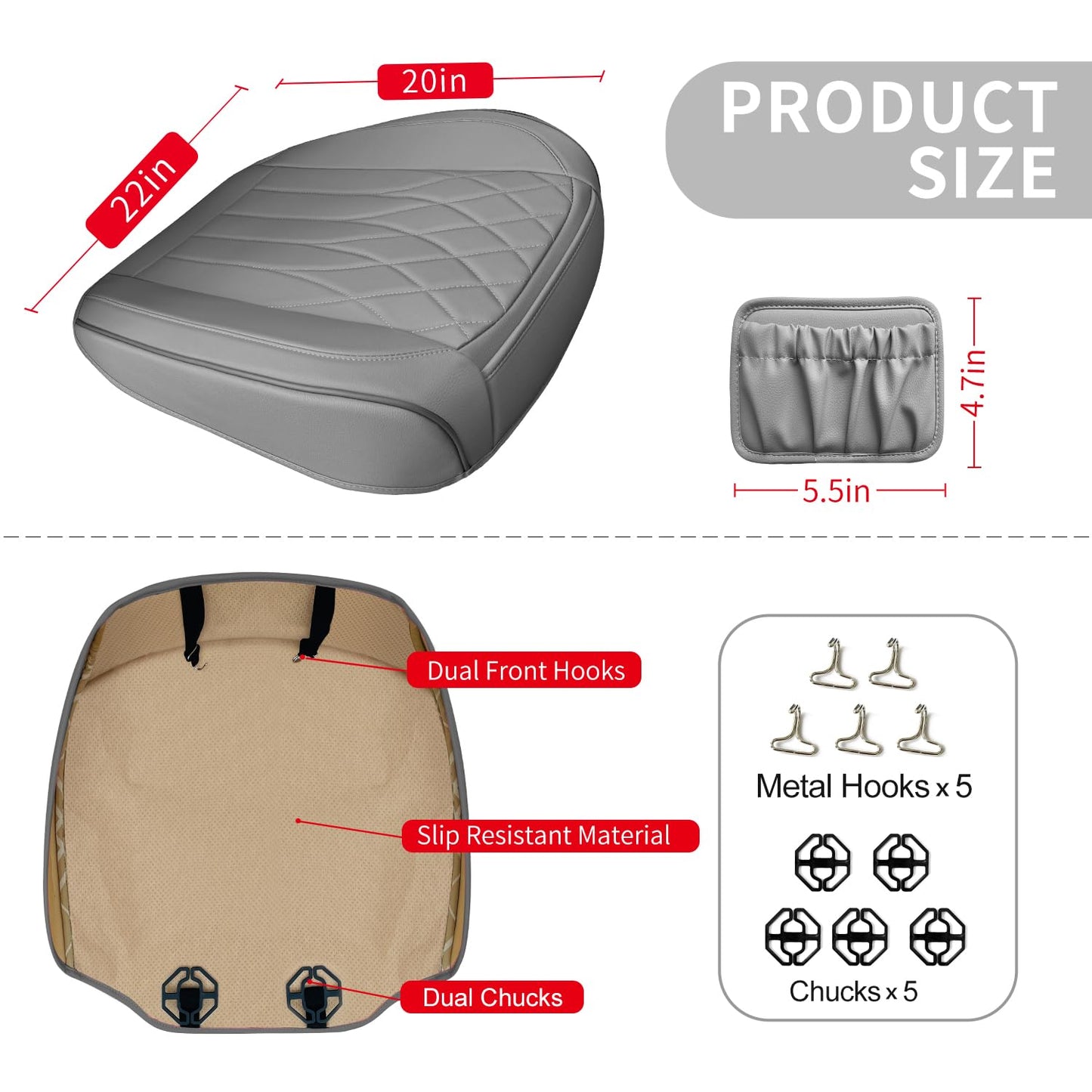 BEITK 2 Pack Leather Front Car Seat Cover Bottom Car Seat, Universal Anti-Slip Driver Car Seat Protectors with Storage Pocket, Waterproof Bottom Auto Seat Cushion Pad Mat for Most Vehicles(Gray)